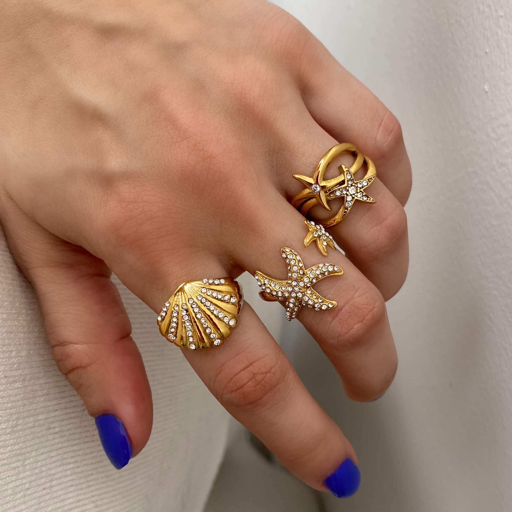 Top view of the Ocean Ring Set by Kampy Designs, aligned neatly to show the balance between all three ring profiles."
