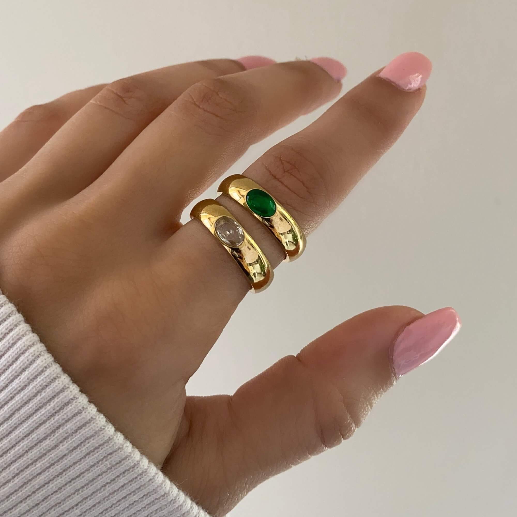 Alternative stacked view of the KimmyR oval diamond cigar band ring by Kampy Designs, highlighting its elegant oval-cut diamond and gold-plated finish.