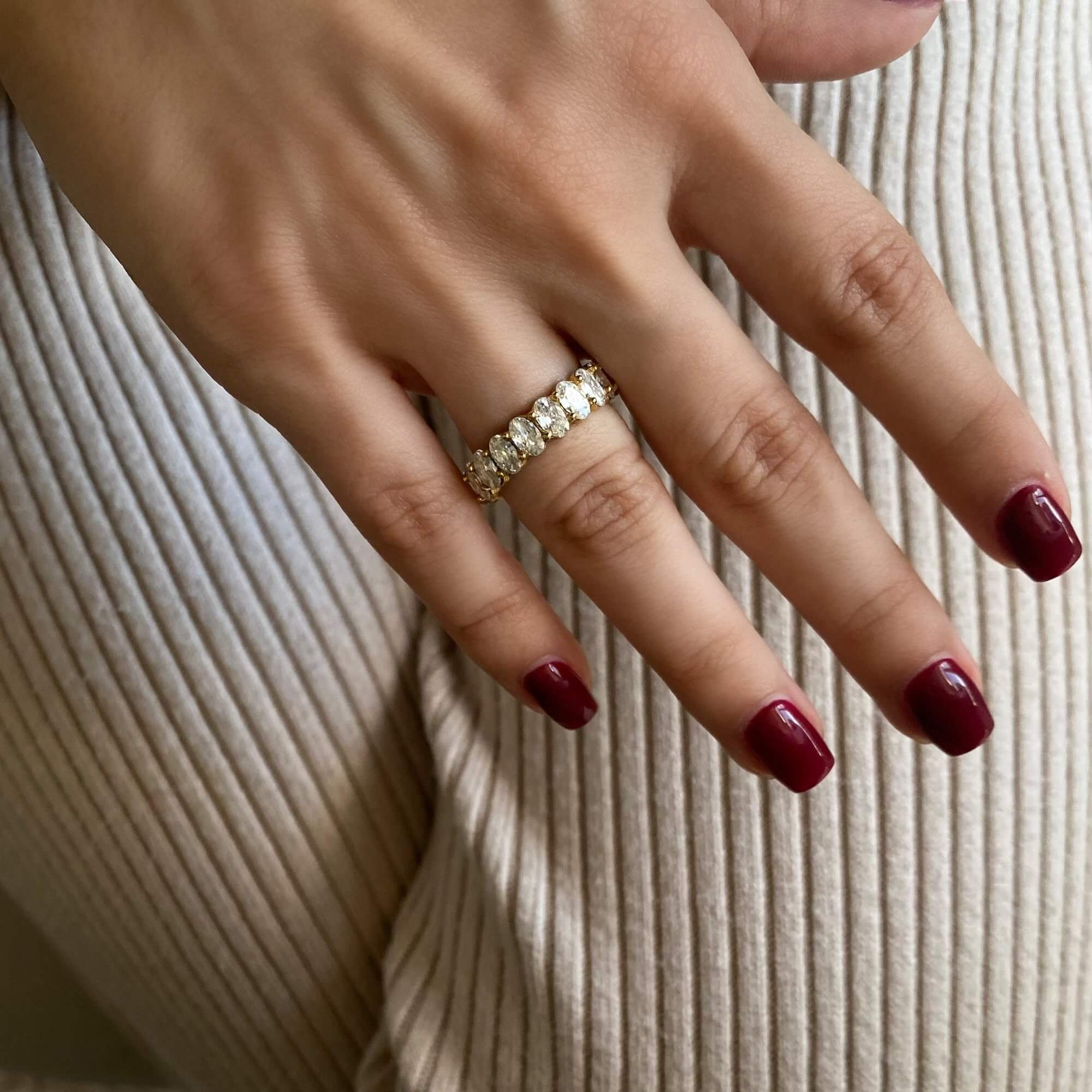 Top-down view of the KastielR oval diamond eternity ring by Kampy Designs, showcasing its seamless oval-cut diamond design and refined gold band.