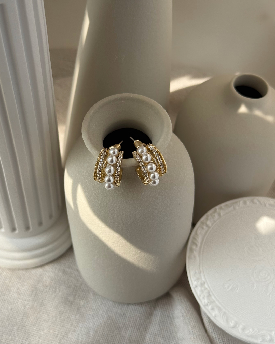 Layered Pearl & CZ Hoop Earrings – Gold Triple Row Statement Huggies