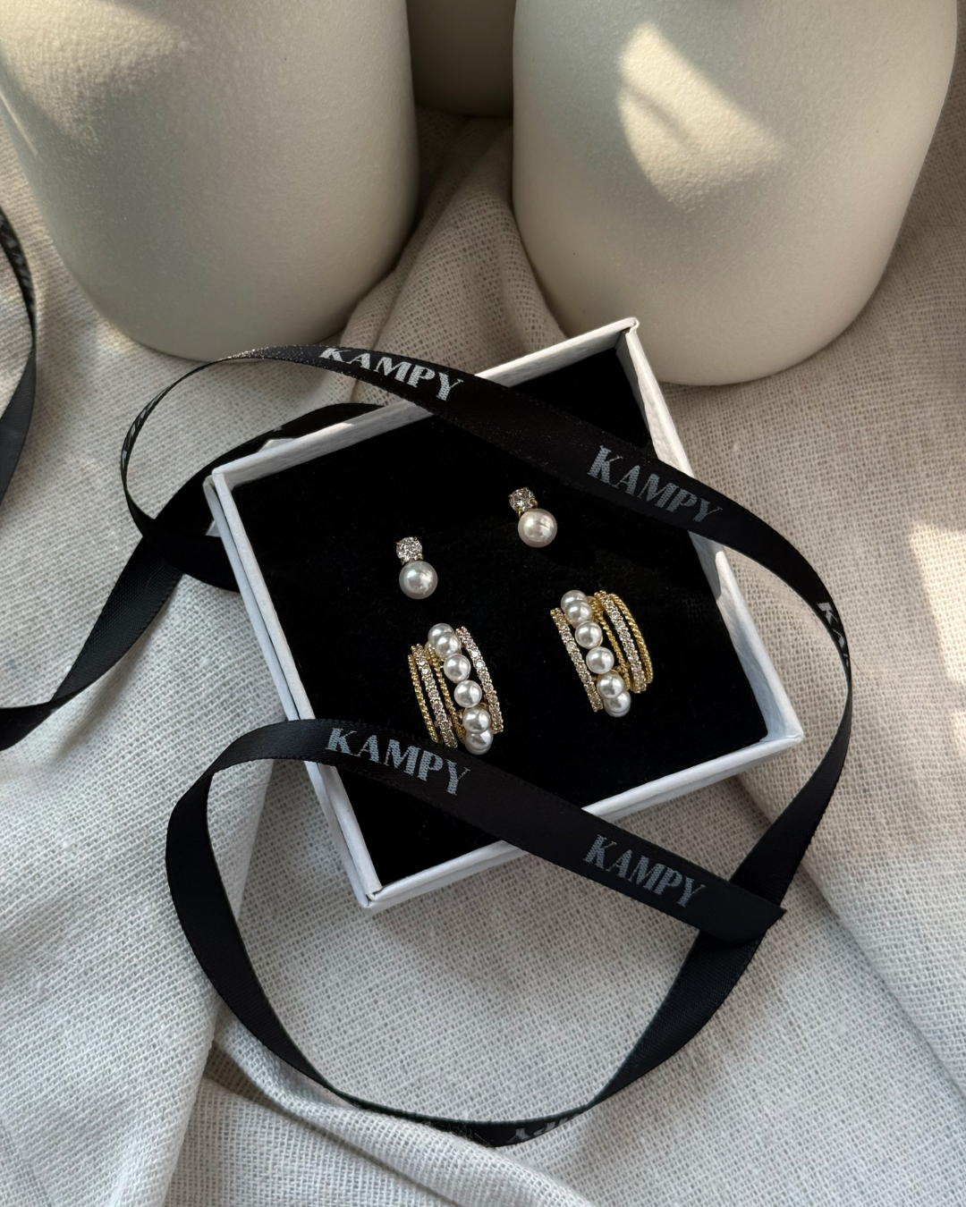Layered Pearl & CZ Hoop Earrings – Gold Triple Row Statement Huggies