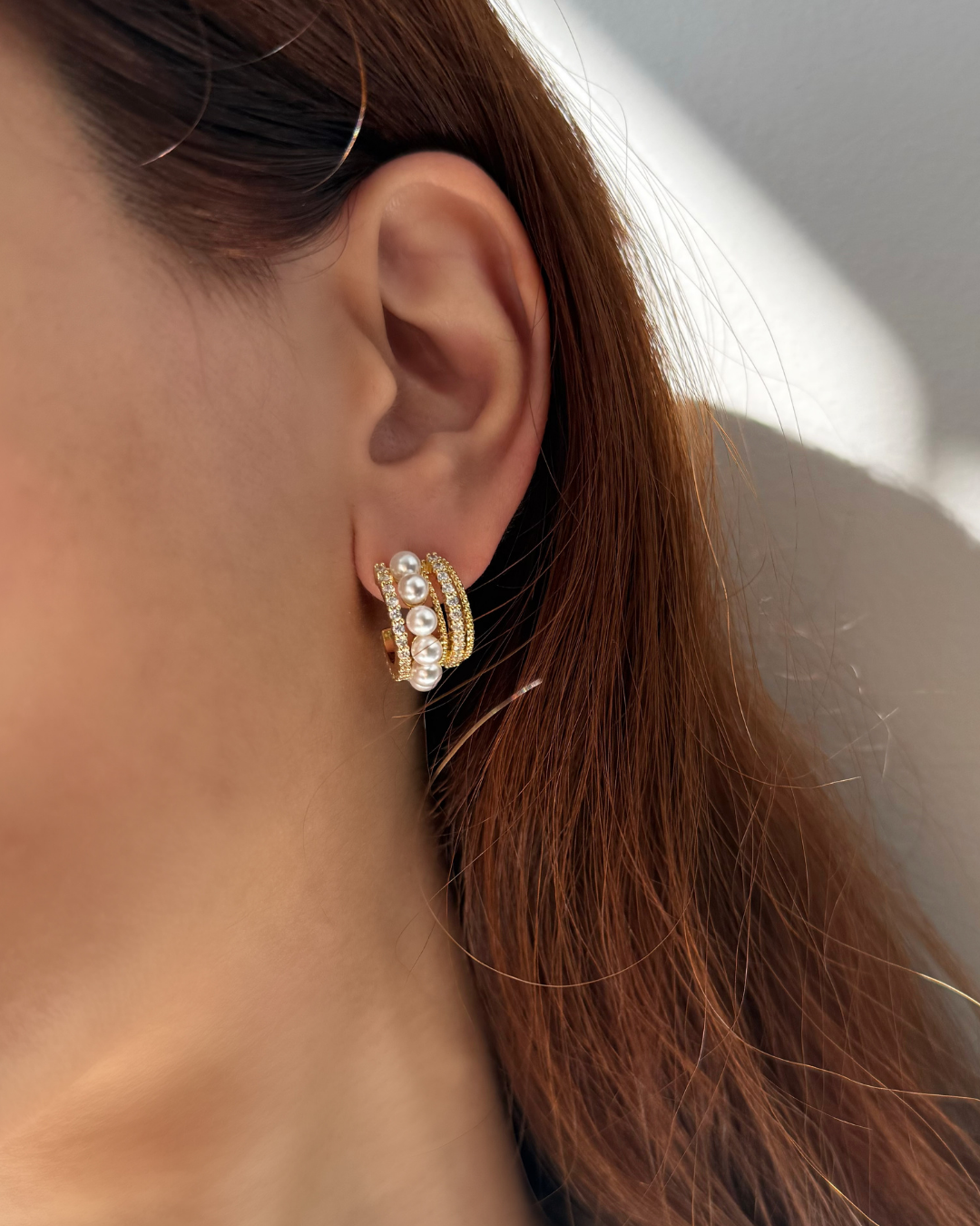 Layered Pearl & CZ Hoop Earrings – Gold Triple Row Statement Huggies