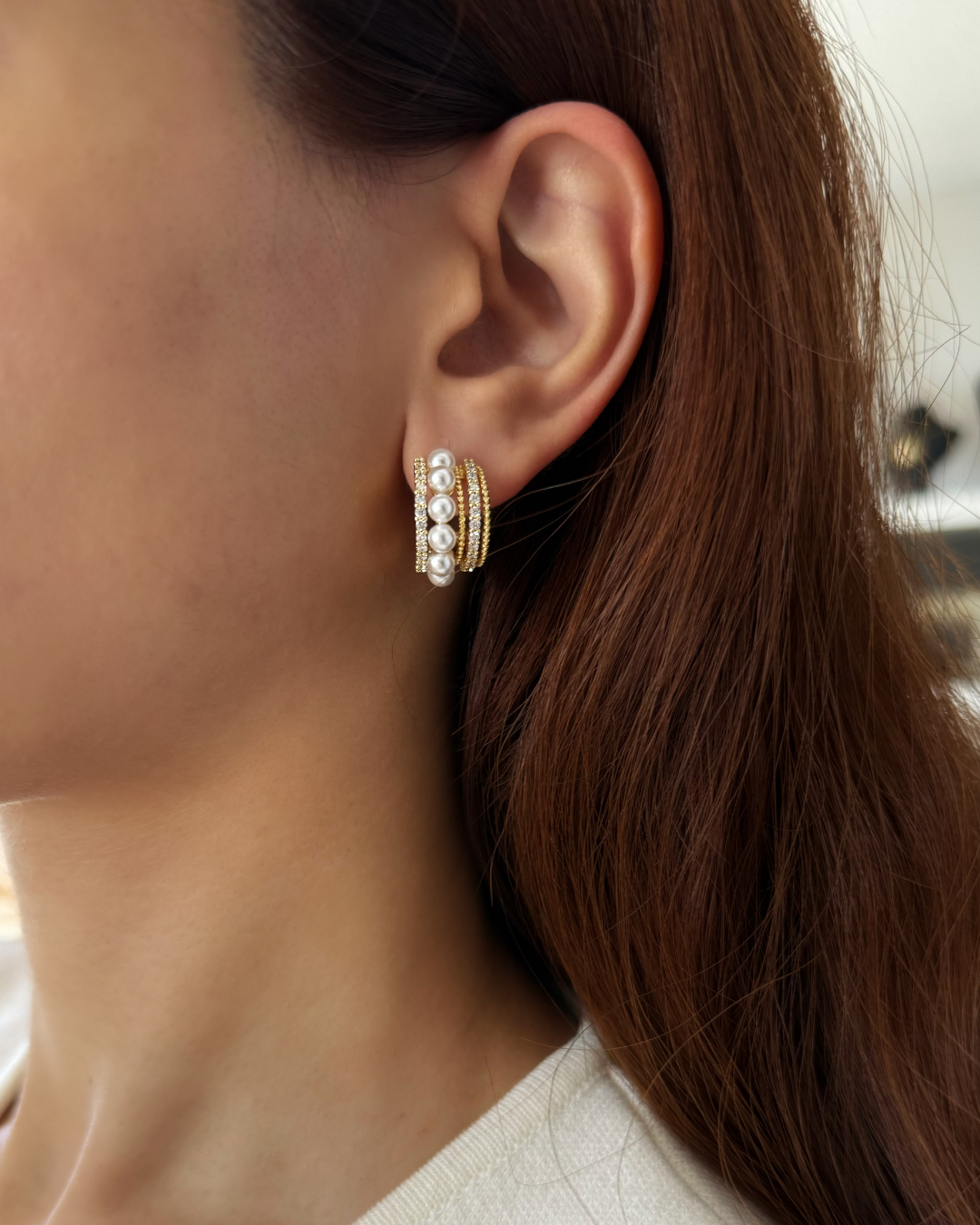 Layered Pearl & CZ Hoop Earrings – Gold Triple Row Statement Huggies