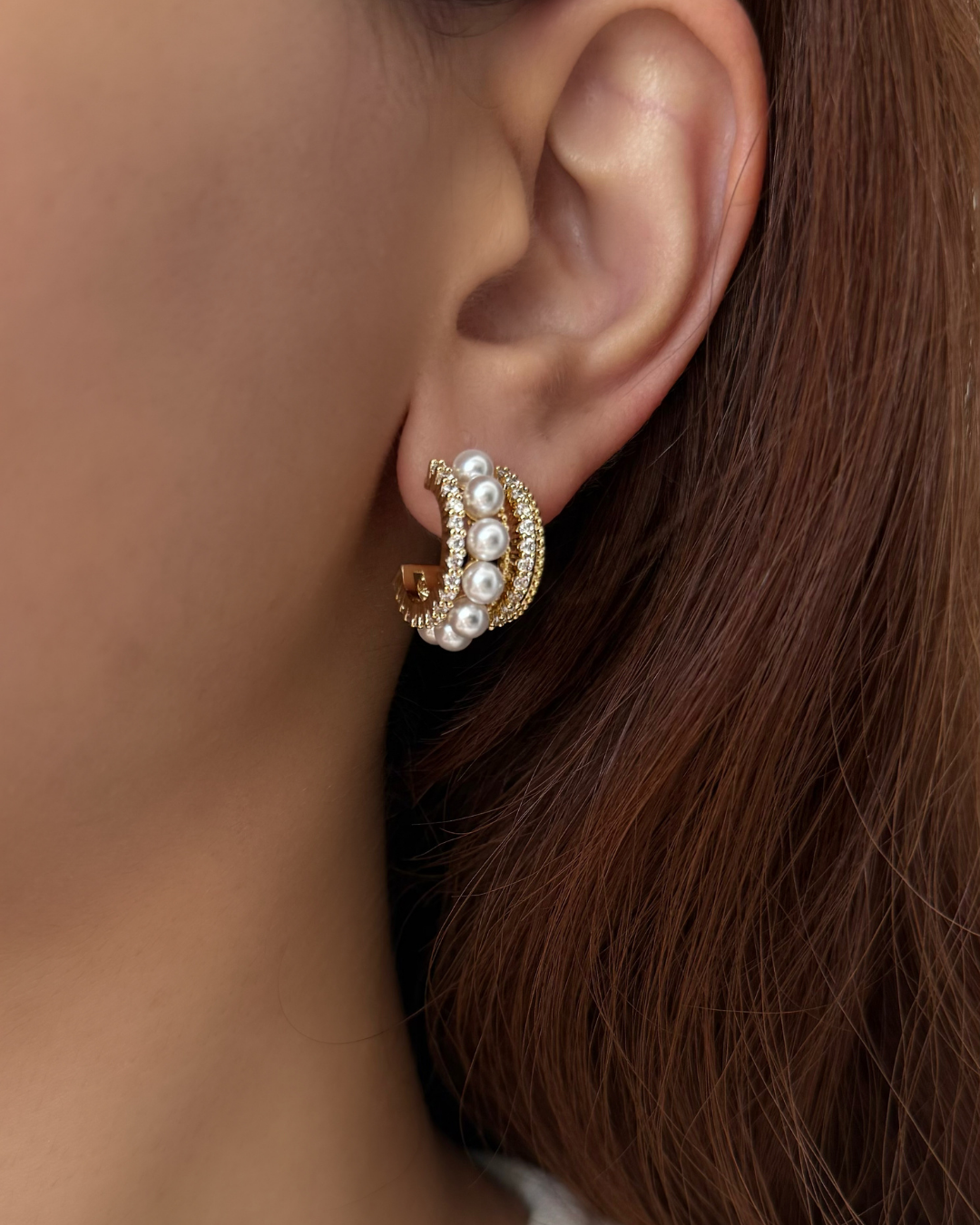 Layered Pearl & CZ Hoop Earrings – Gold Triple Row Statement Huggies