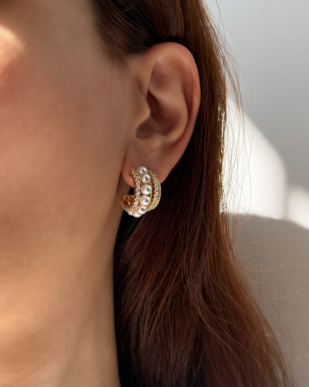 Layered Pearl & CZ Hoop Earrings – Gold Triple Row Statement Huggies