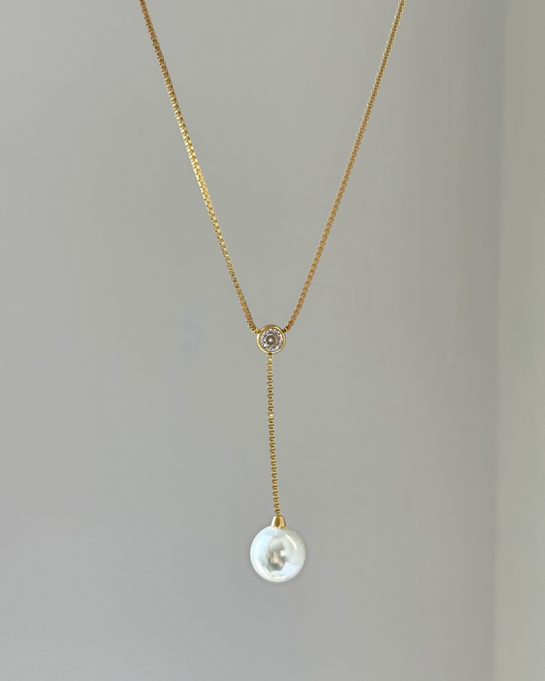 Gold Lariat Pearl Necklace – Drop Pendant with CZ Accent
