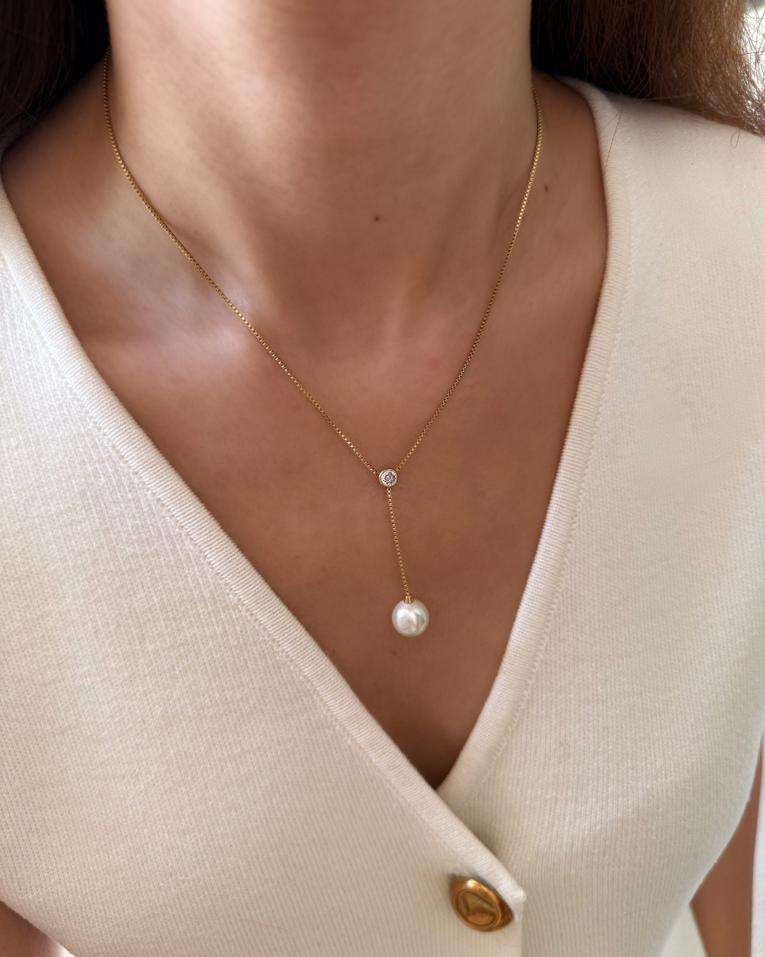 Gold Lariat Pearl Necklace – Drop Pendant with CZ Accent