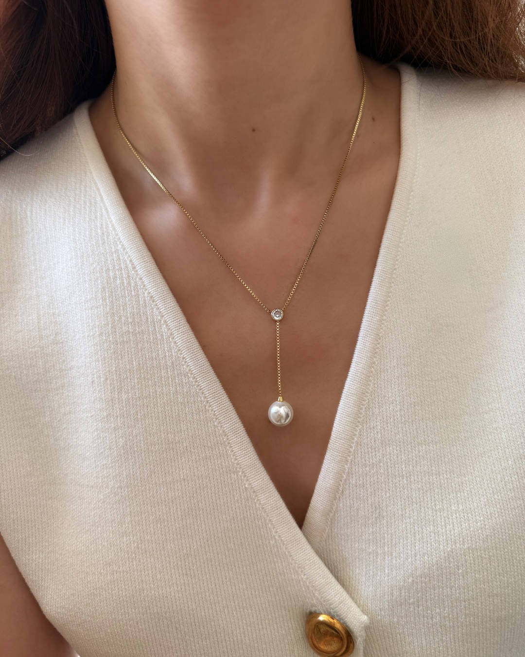 Gold Lariat Pearl Necklace – Drop Pendant with CZ Accent