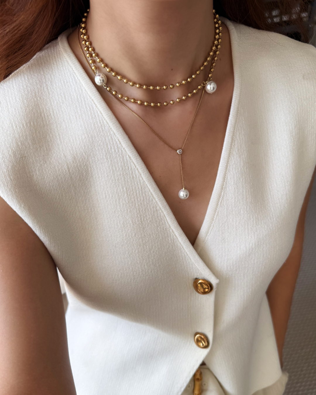 Convertible Pearl Ball Chain Necklace – Multi-Way Gold Statement Piece