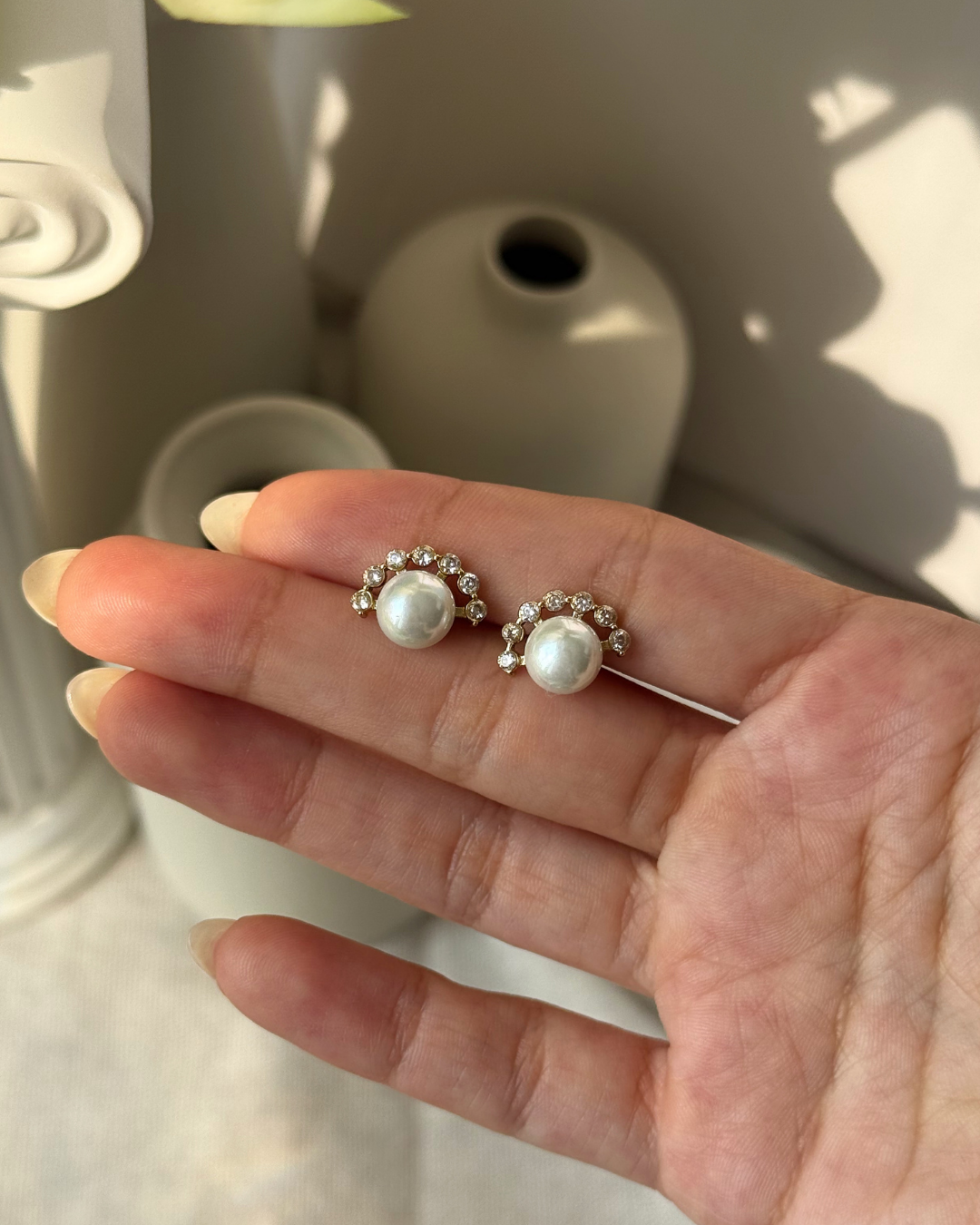 Gold Pearl Stud Earrings with CZ Arc – Classic Modern Ear Climber Look