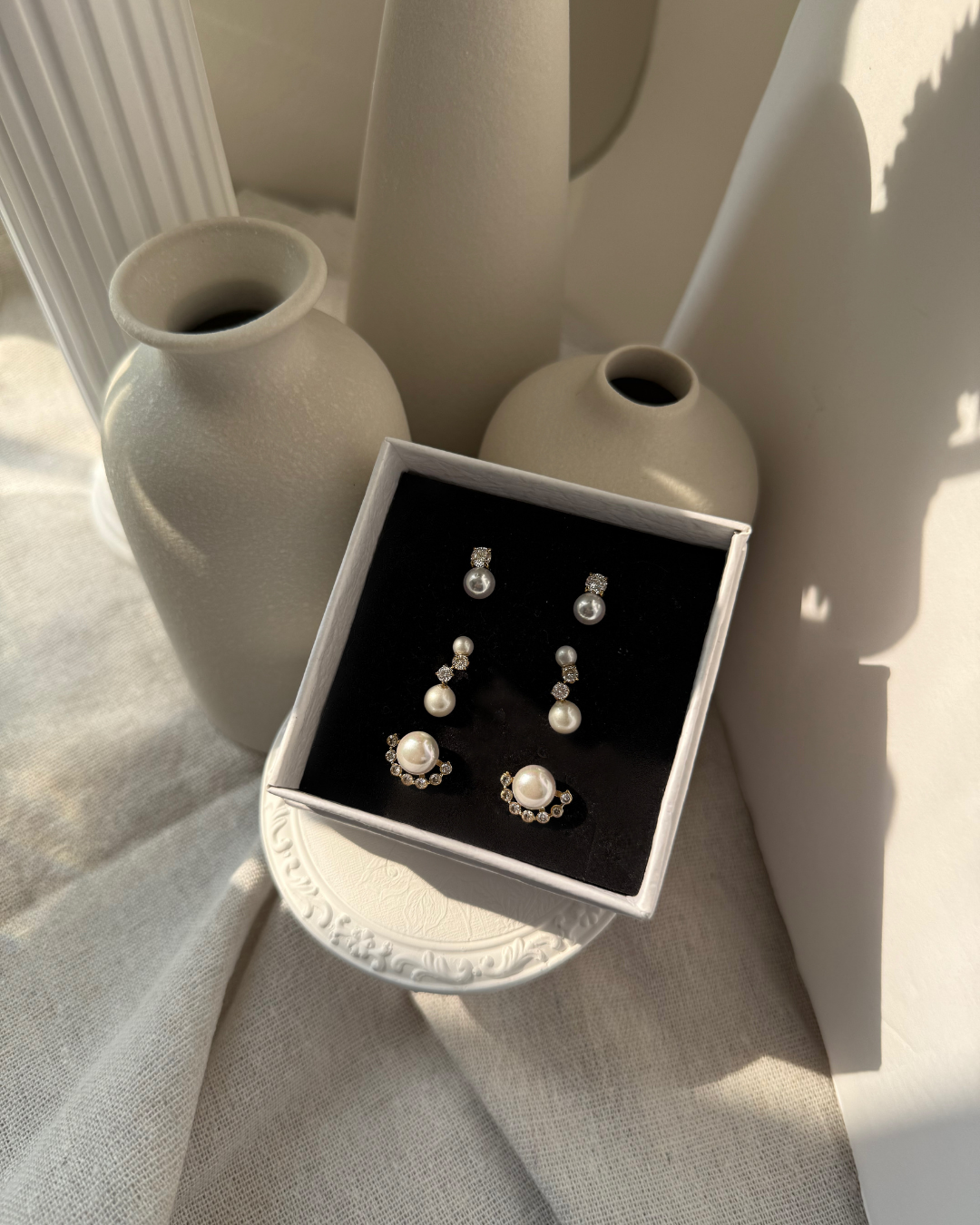 Gold Pearl Stud Earrings with CZ Arc – Classic Modern Ear Climber Look