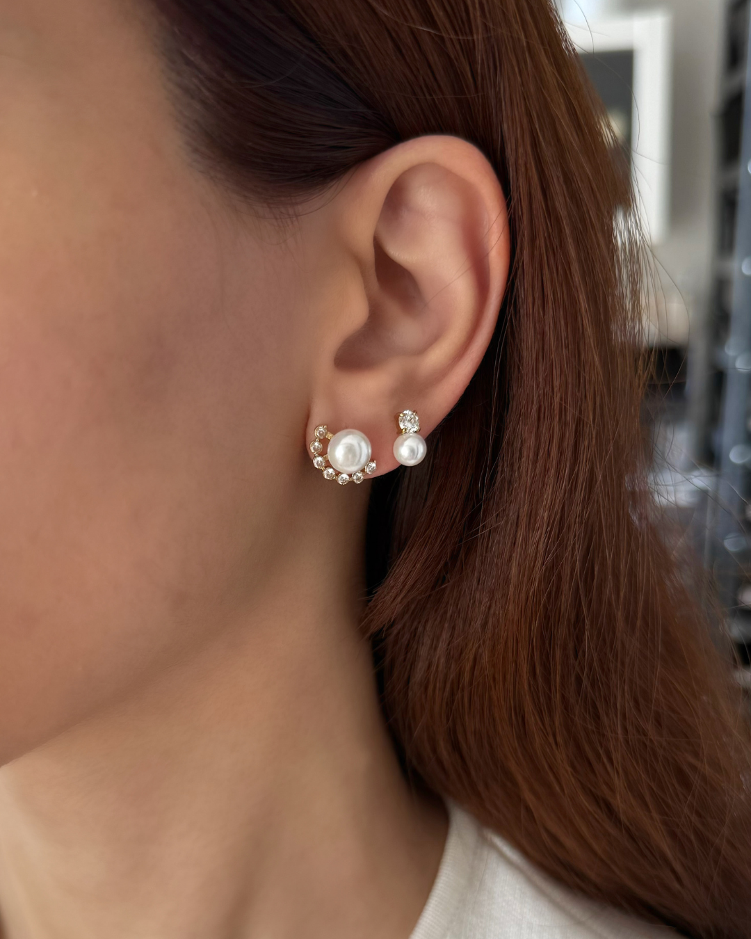 Gold Pearl Stud Earrings with CZ Arc – Classic Modern Ear Climber Look