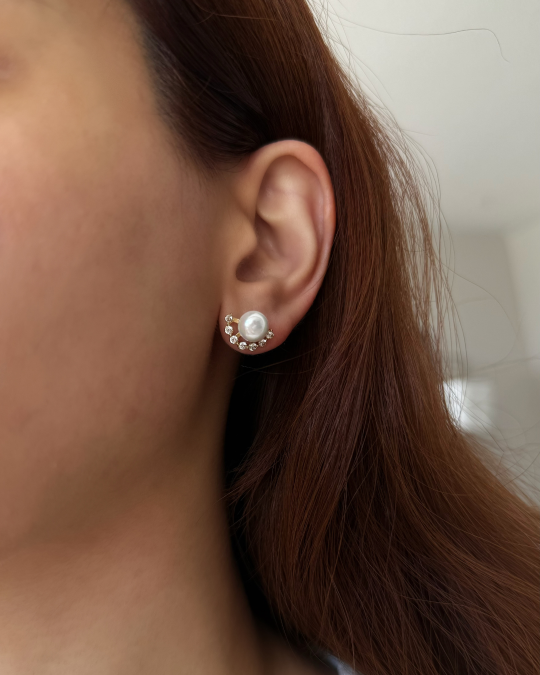 Gold Pearl Stud Earrings with CZ Arc – Classic Modern Ear Climber Look