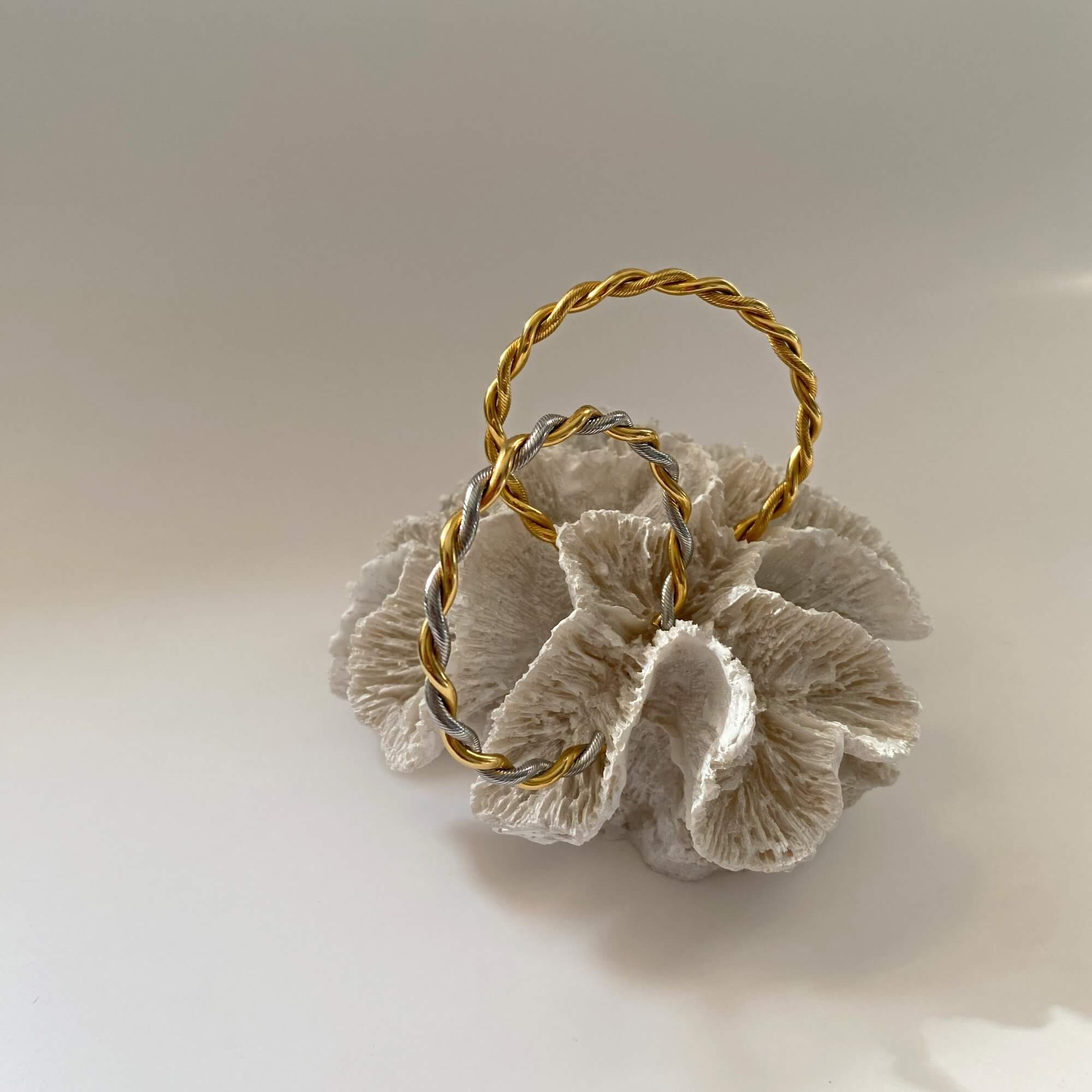 Full view of the KyraB rope twist cuff bracelet in gold and two-toned by Kampy Designs, showcasing its elegant craftsmanship and bold statement style.