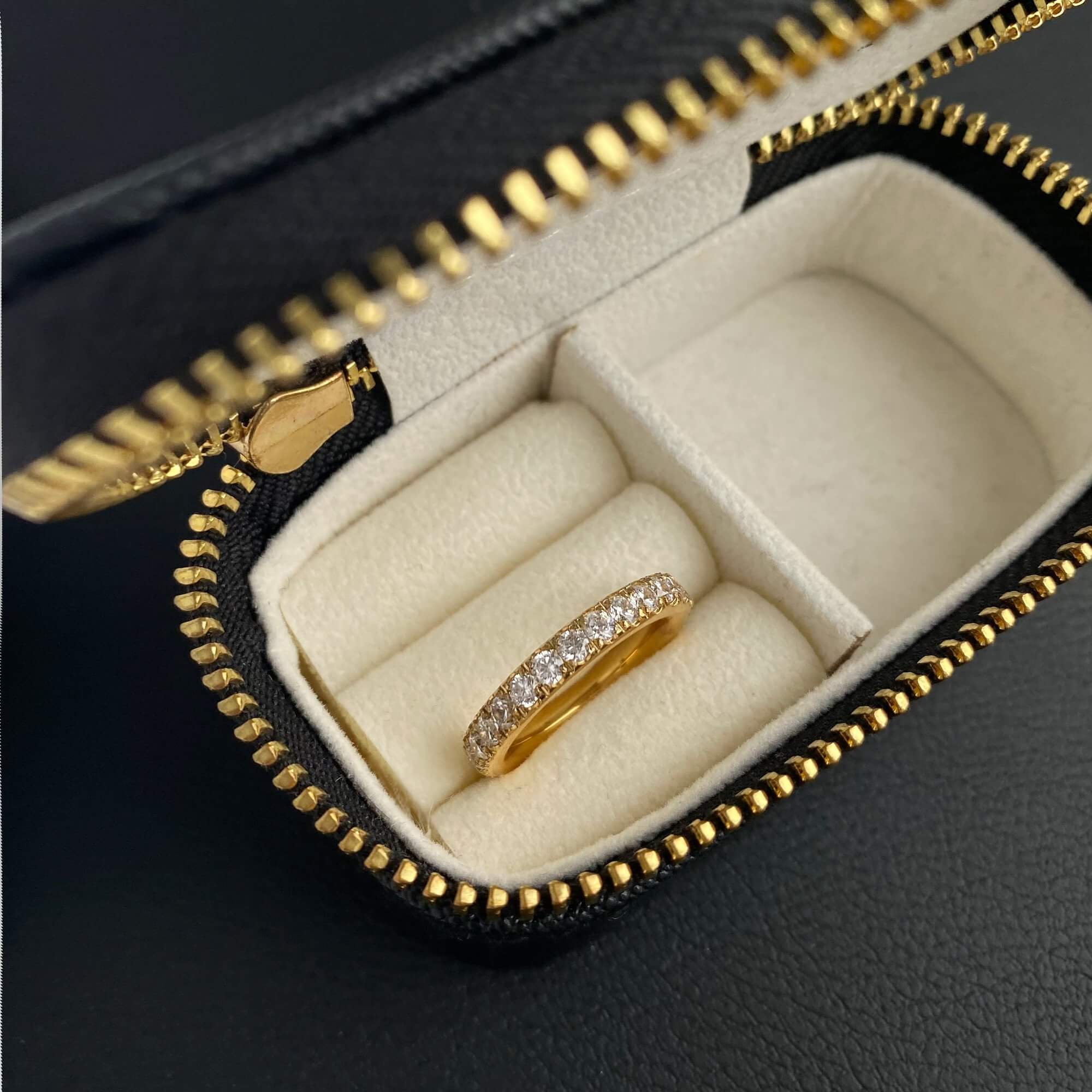 Top-down view of the KowR round diamond eternity band ring by Kampy Designs, highlighting its sleek gold band and brilliant diamonds.