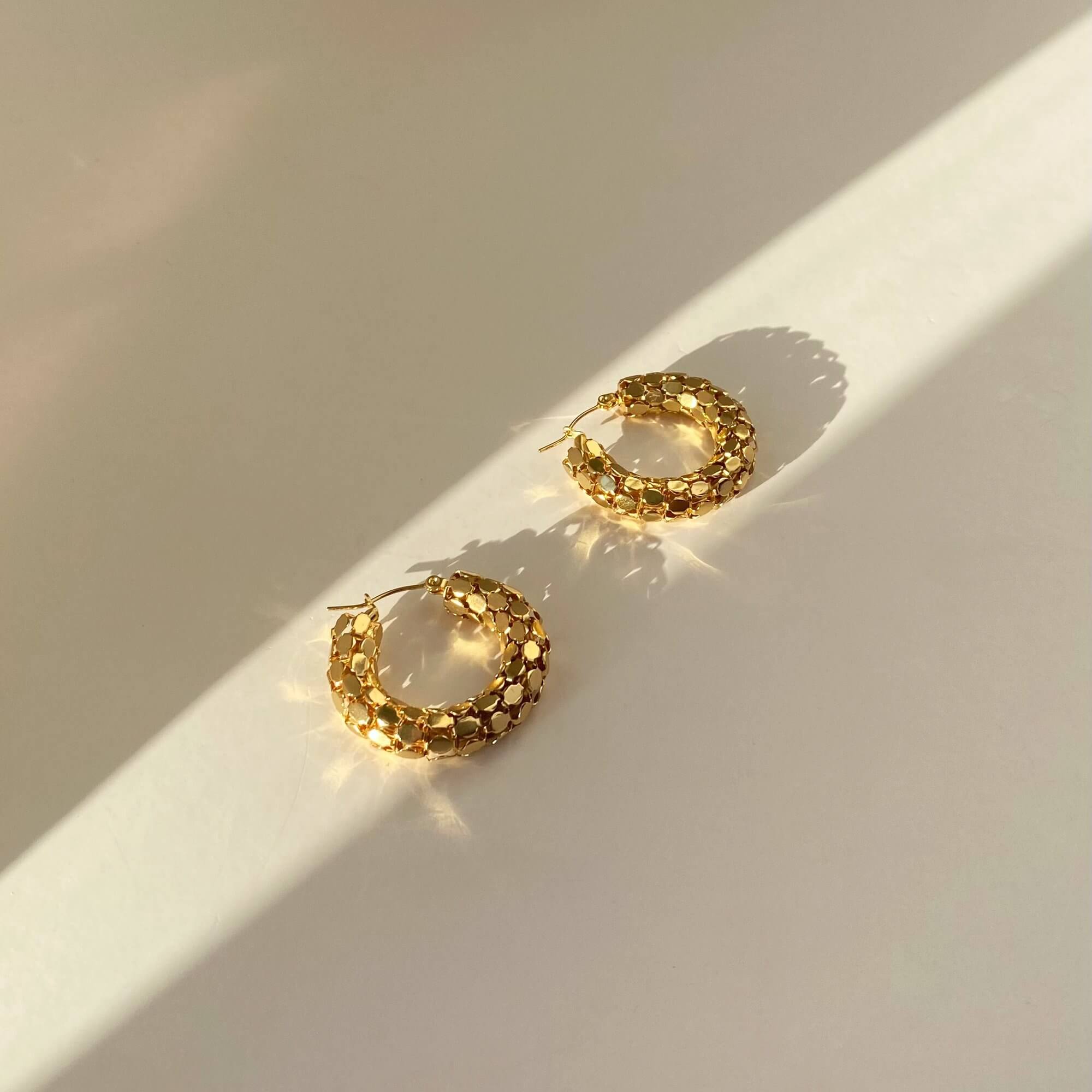 Angled flat lay of Kassiane serpentine scale hoop earrings by Kampy Designs, showcasing the scale texture and serpentine contour in detail.