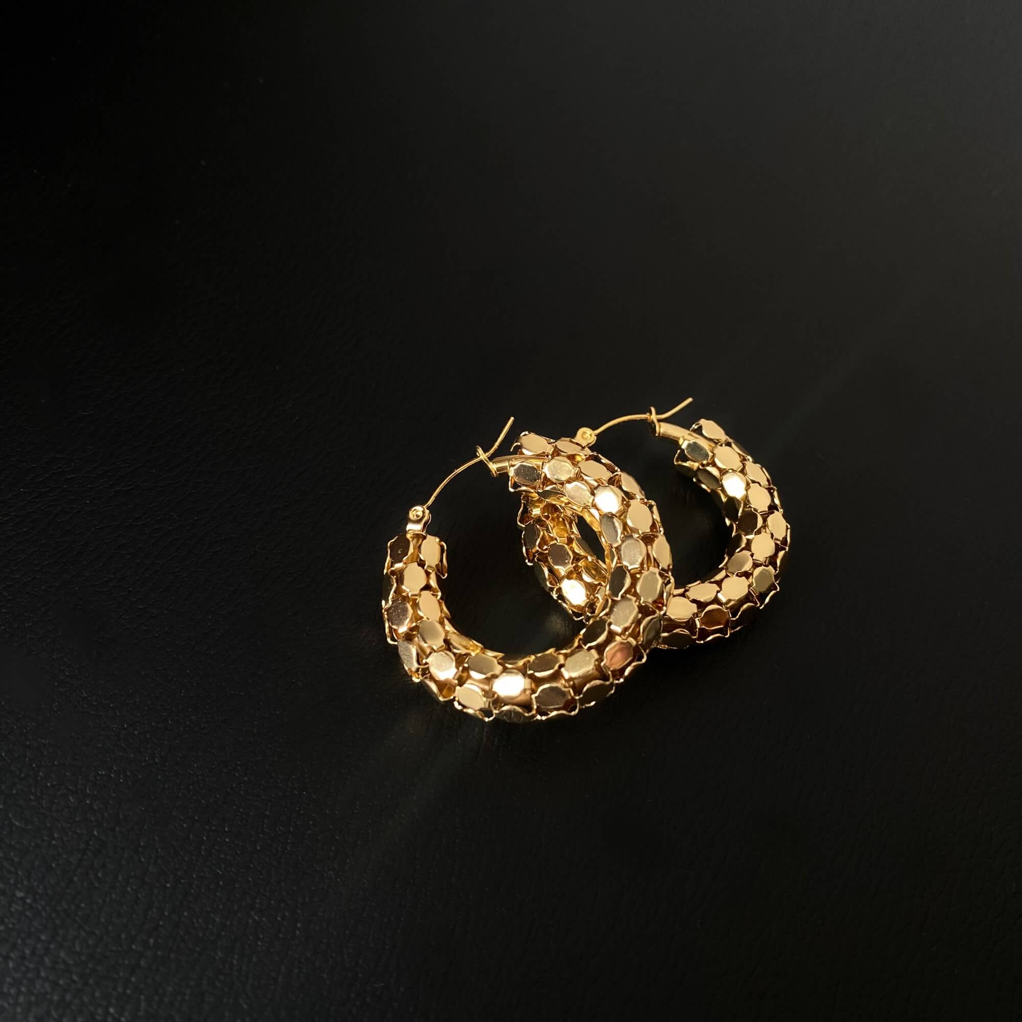Flat lay of Kassiane serpentine scale hoop earrings by Kampy Designs, displaying the full hoop shape and unique snake-inspired surface.