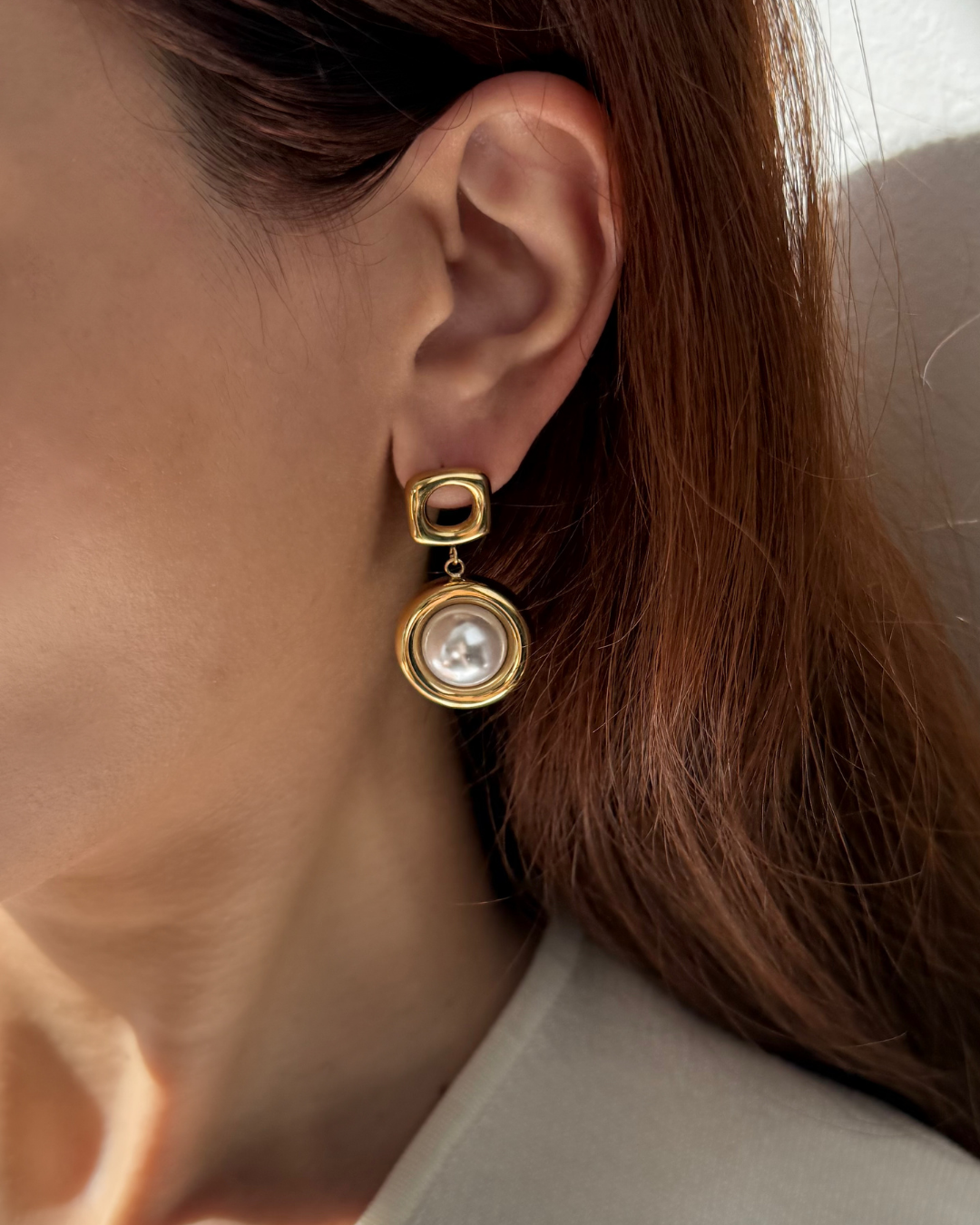 Bold Pearl Drop Earrings – Sculptural Gold Frame Statement Pair
