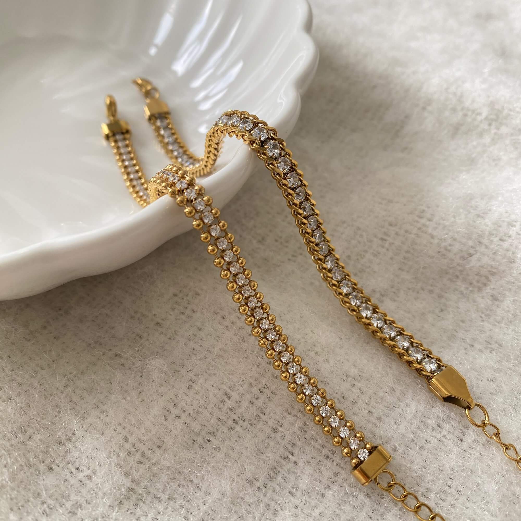 Aerial view of the KaperB tennis chain bracelet by Kampy Designs, capturing the bracelet’s full form and brilliant sparkle from above.