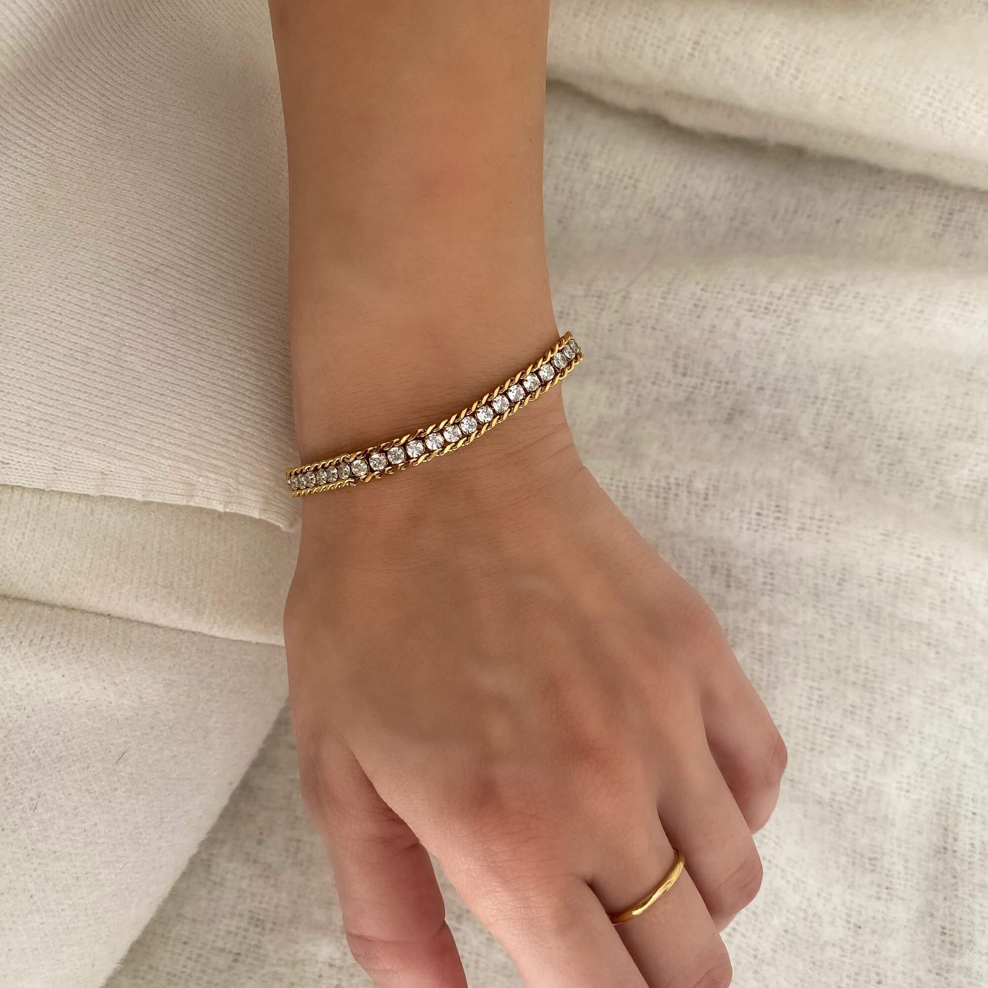 Close-up of the KaperB tennis chain bracelet by Kampy Designs, showcasing the brilliant cut stones and luxurious craftsmanship.
