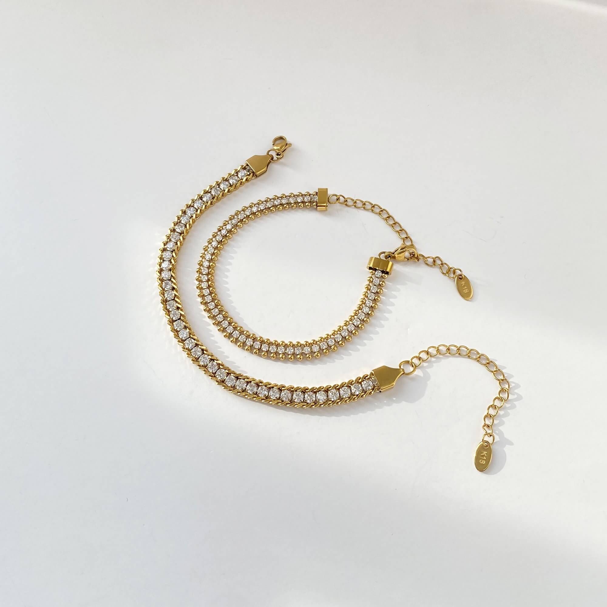 Flat lay of the KaperB tennis chain bracelet by Kampy Designs, capturing its clean design and radiant crystal detailing.