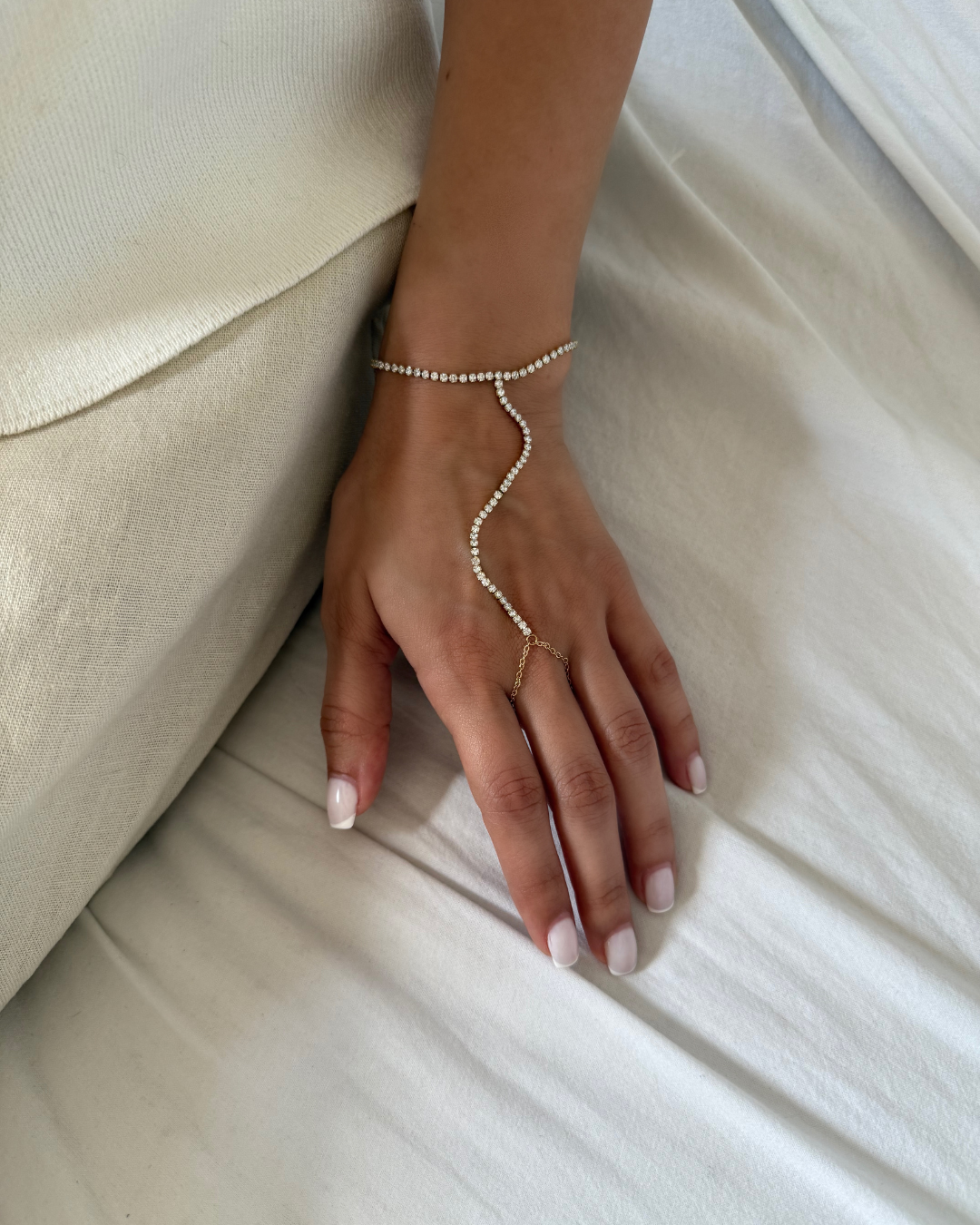 Tennis Hand Chain Bracelet – Gold CZ Finger to Wrist Jewelry