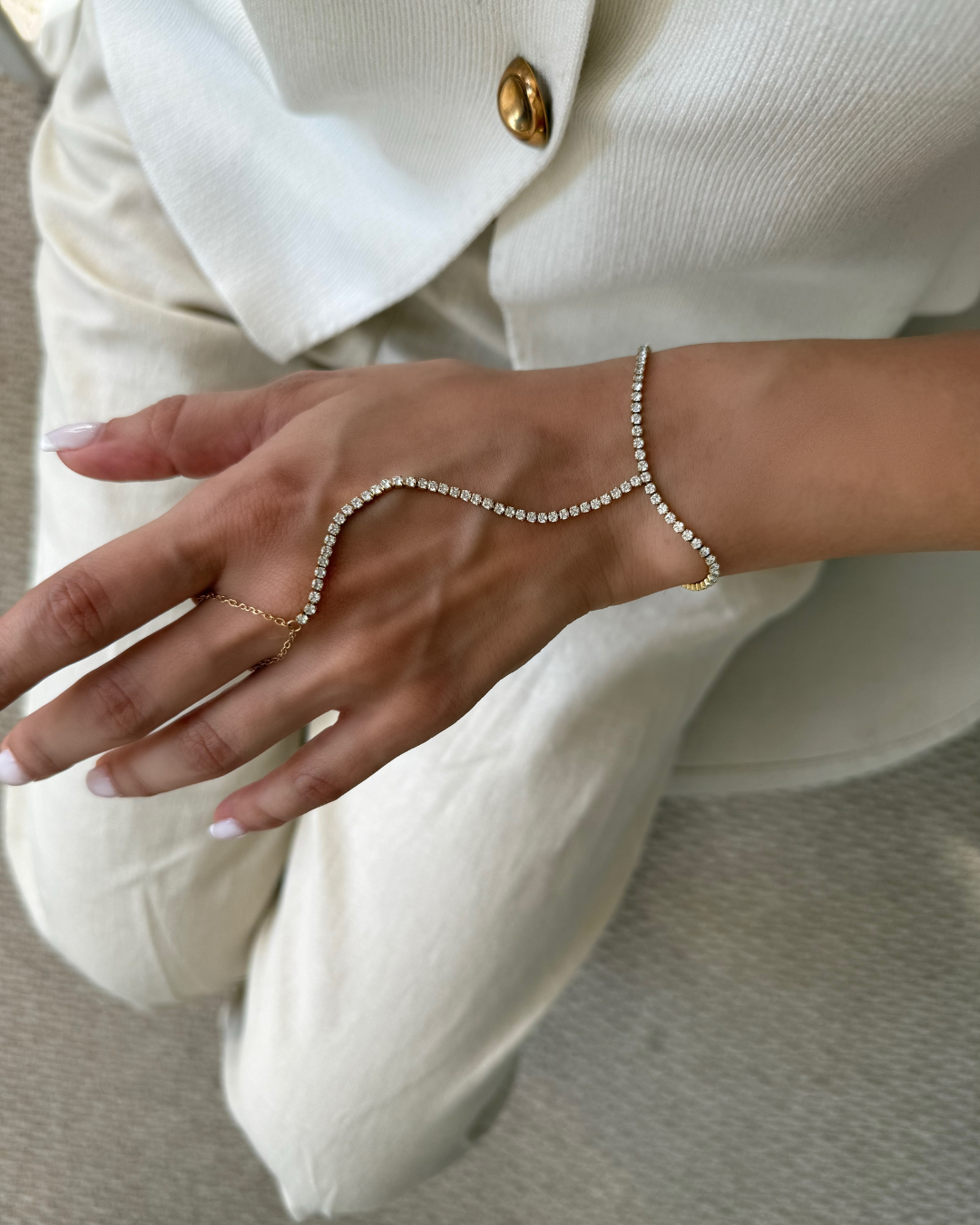 Tennis Hand Chain Bracelet – Gold CZ Finger to Wrist Jewelry