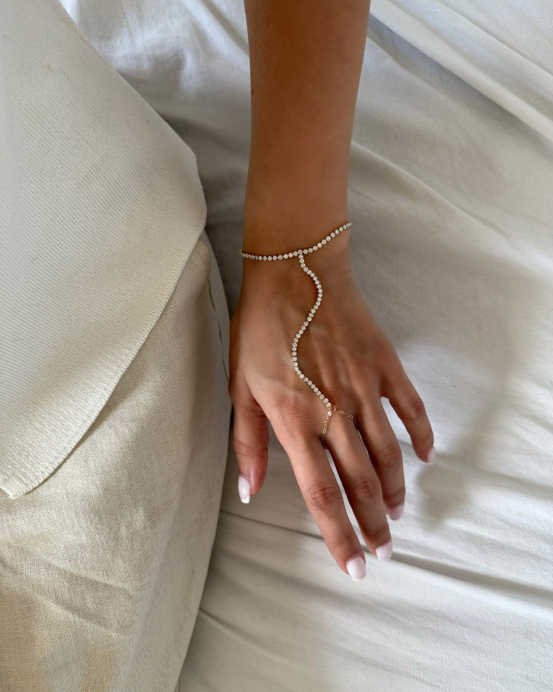 Tennis Hand Chain Bracelet – Gold CZ Finger to Wrist Jewelry