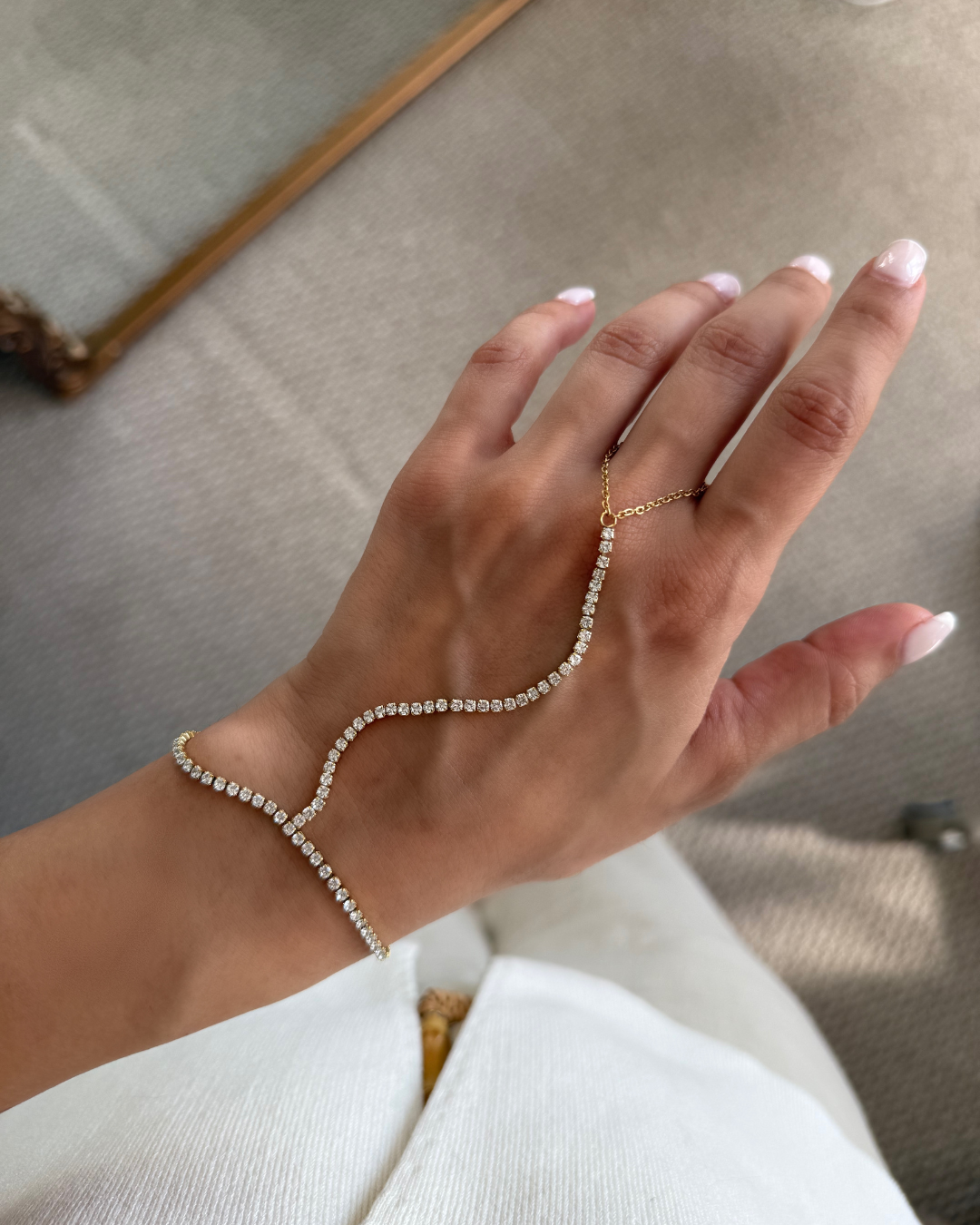 Tennis Hand Chain Bracelet – Gold CZ Finger to Wrist Jewelry