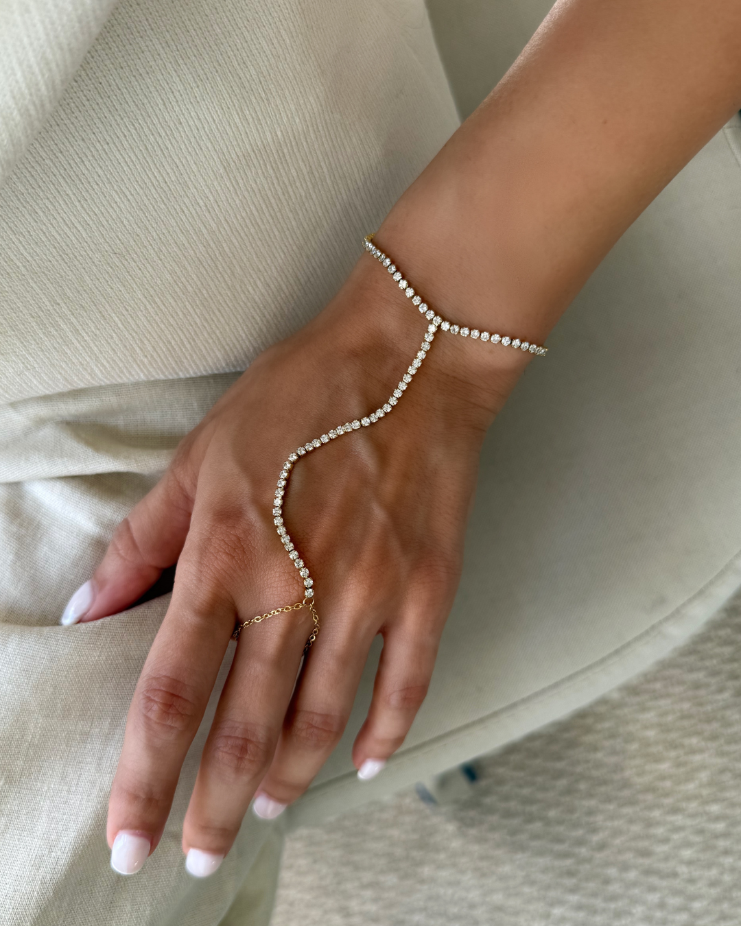 Tennis Hand Chain Bracelet – Gold CZ Finger to Wrist Jewelry