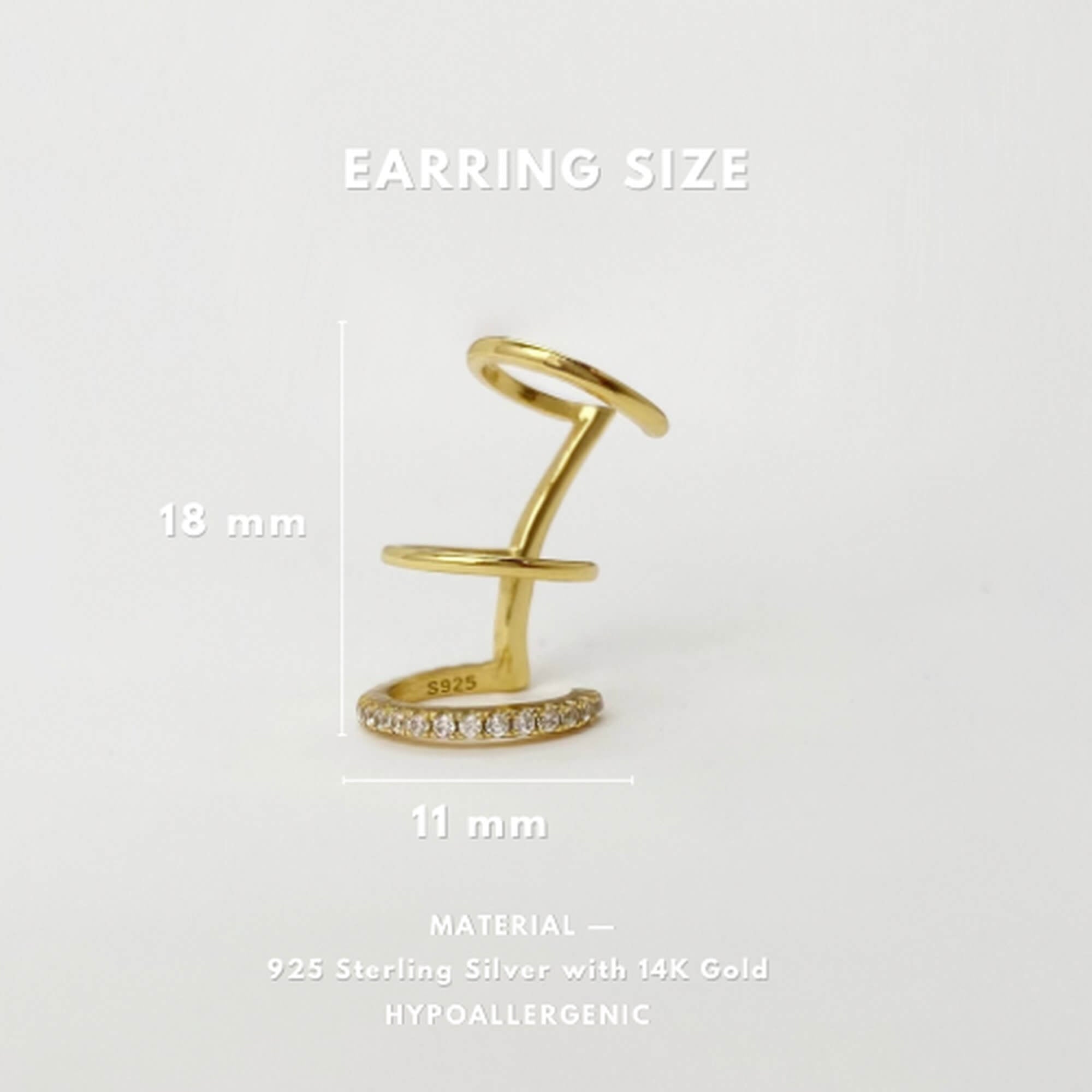 Side view of the KarlaE triple hoop CZ ear cuffs by Kampy Designs, emphasizing their sleek curves and secure fit.