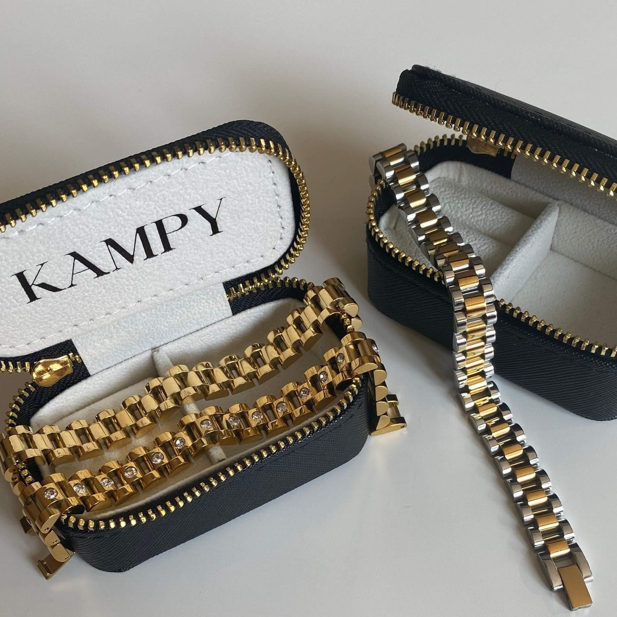 The KennedyB two-toned gold CZ watch band bracelet by Kampy Designs, elegantly displayed in a jewelry box, highlighting its luxury craftsmanship.