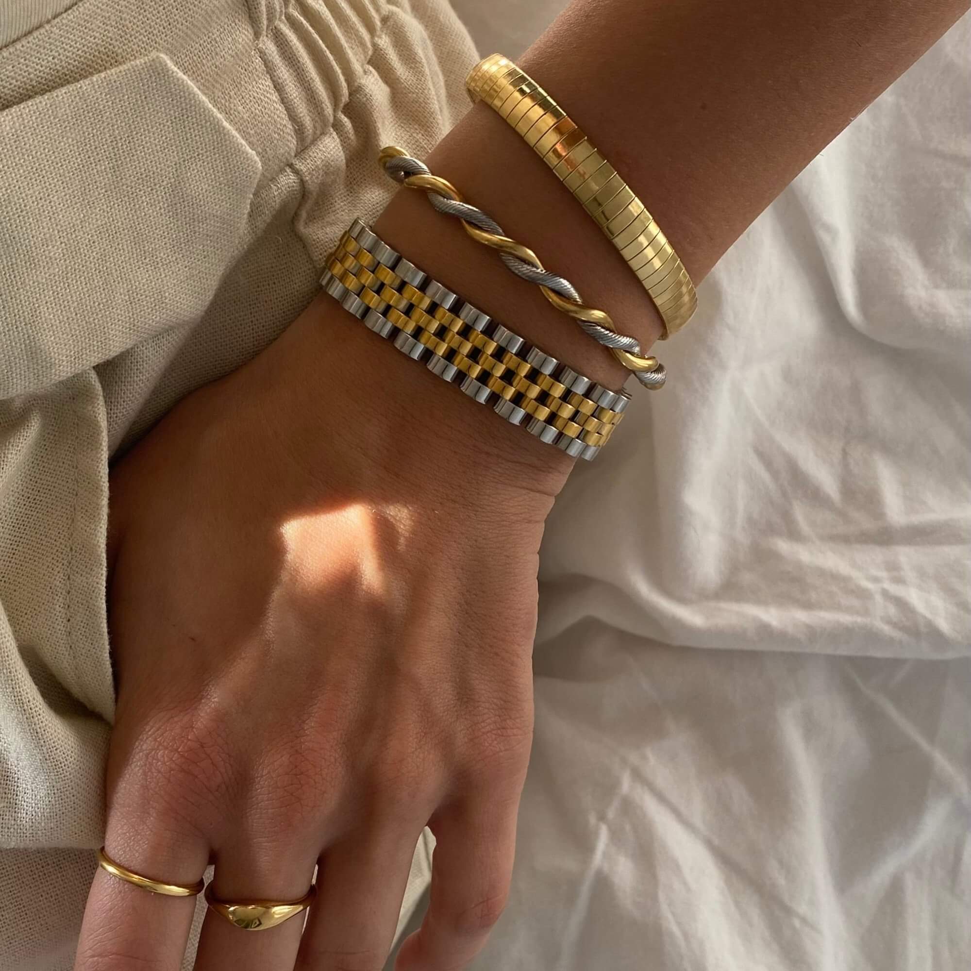 Side view of the KeranB two-toned thick watch bracelet (16.5cm-18cm) by Kampy Designs, highlighting its sturdy links and premium craftsmanship.