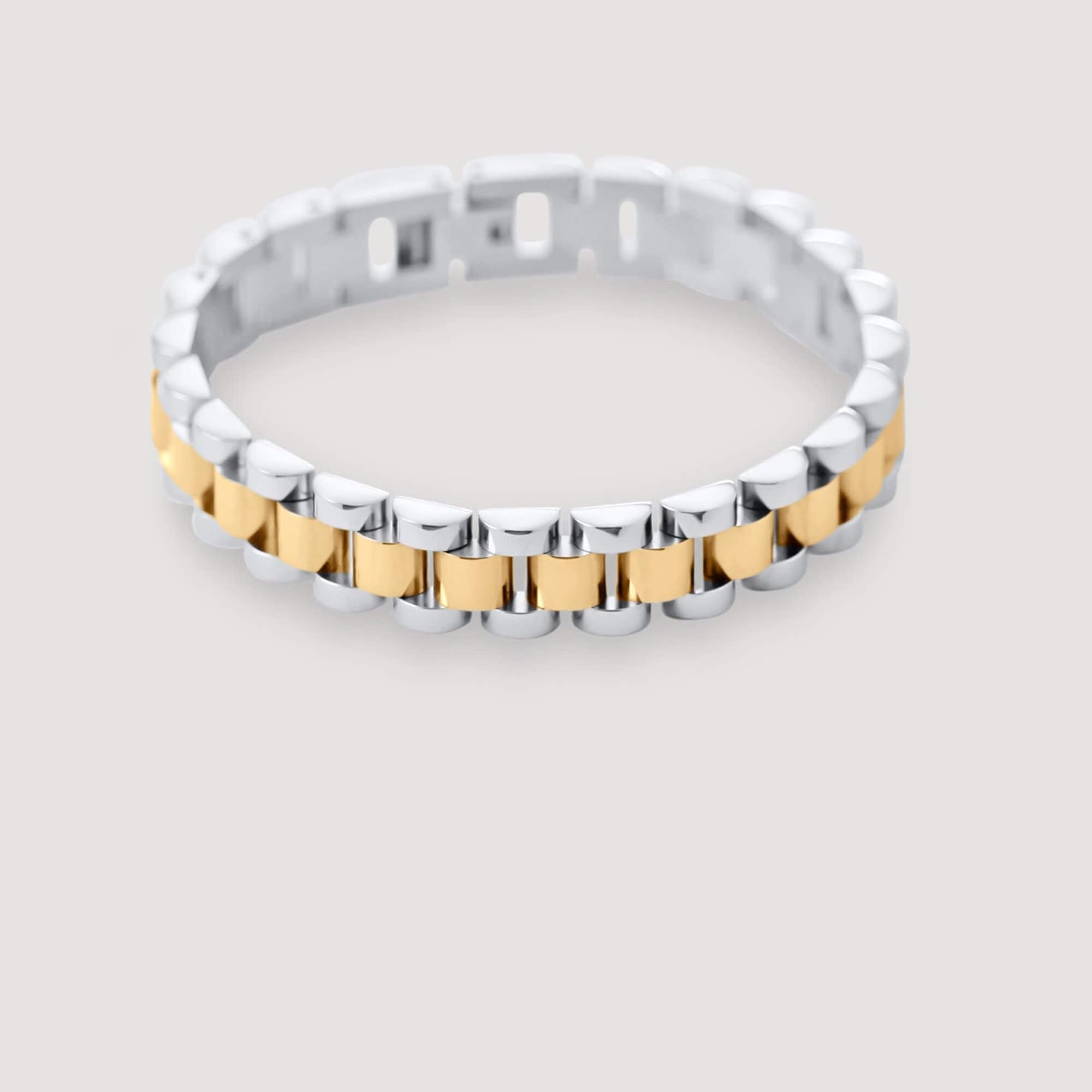 Front view of the KennedyB two-toned watch band bracelet by Kampy Designs, featuring a sophisticated blend of gold and silver tones for a refined look.