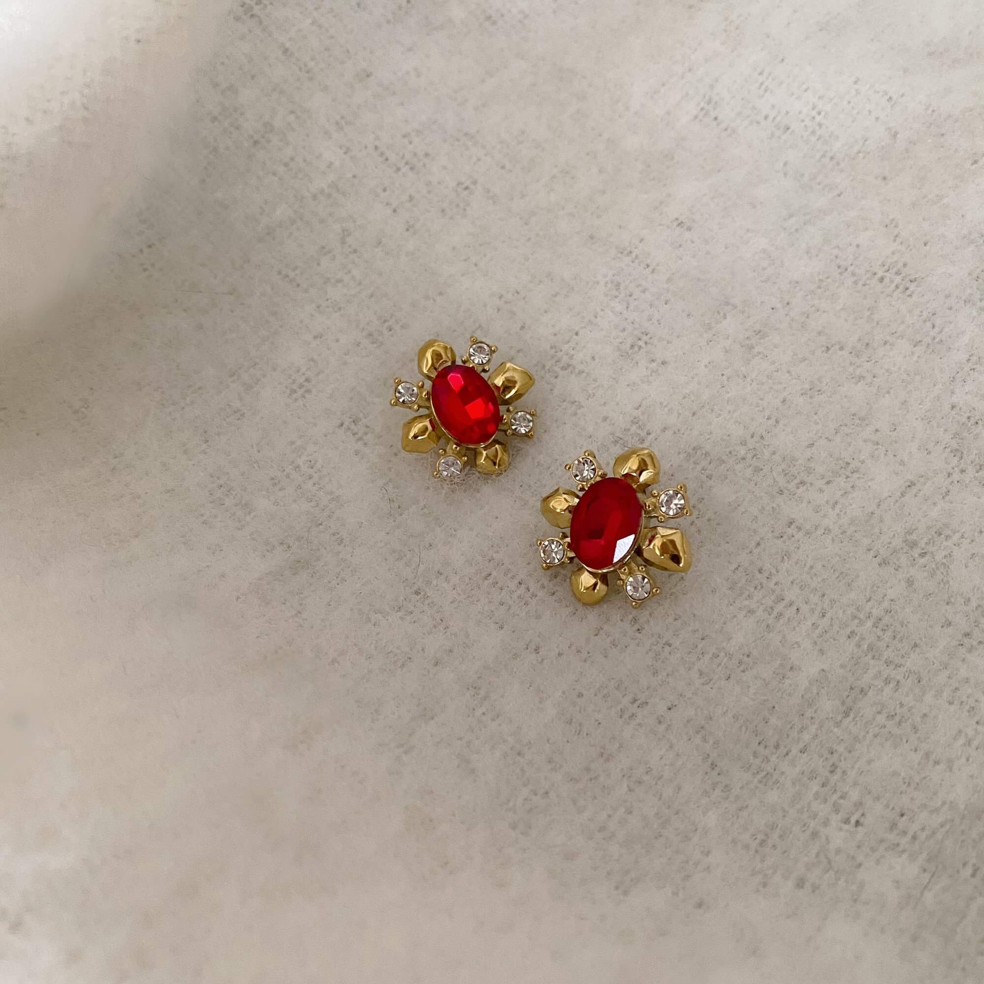 Alternative front view of the KarnaraE vintage garnet stud earrings by Kampy Designs, displaying their intricate detailing and gemstone brilliance.