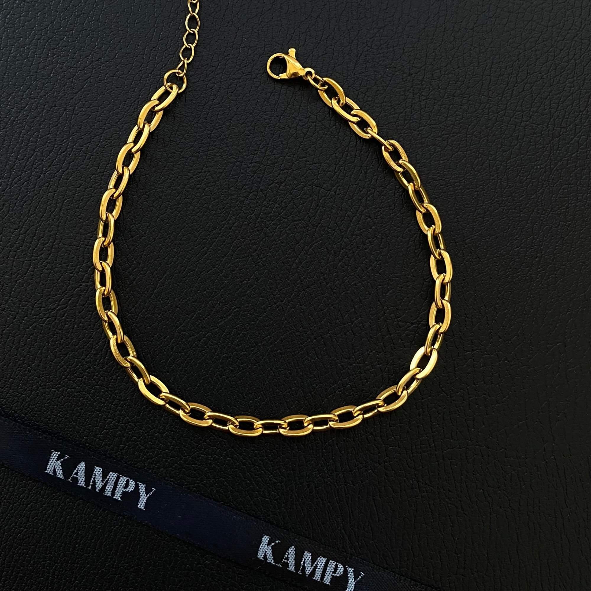 Front view of the KayeA 18K gold-plated link chain anklet by Kampy Designs, displaying its elegant and versatile design.