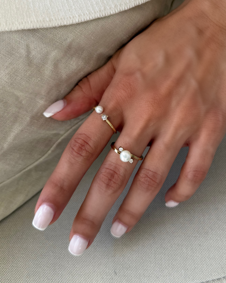 Gold Pearl & CZ Ring Set – Matching Bands (Set of 2)