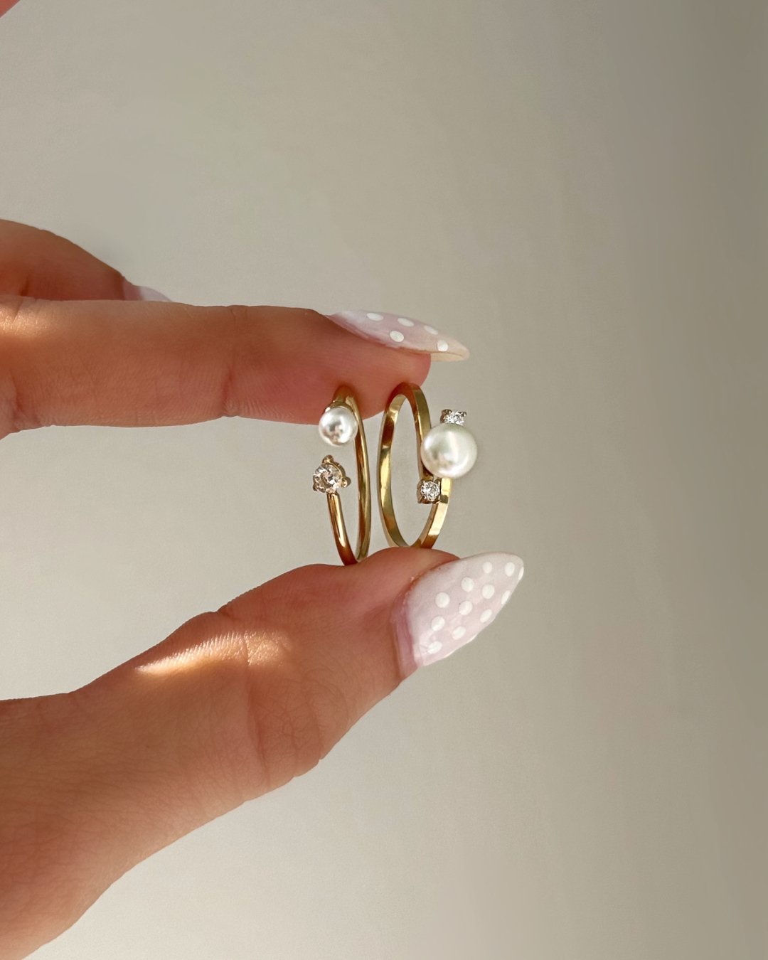 Gold Pearl & CZ Ring Set – Matching Bands (Set of 2)