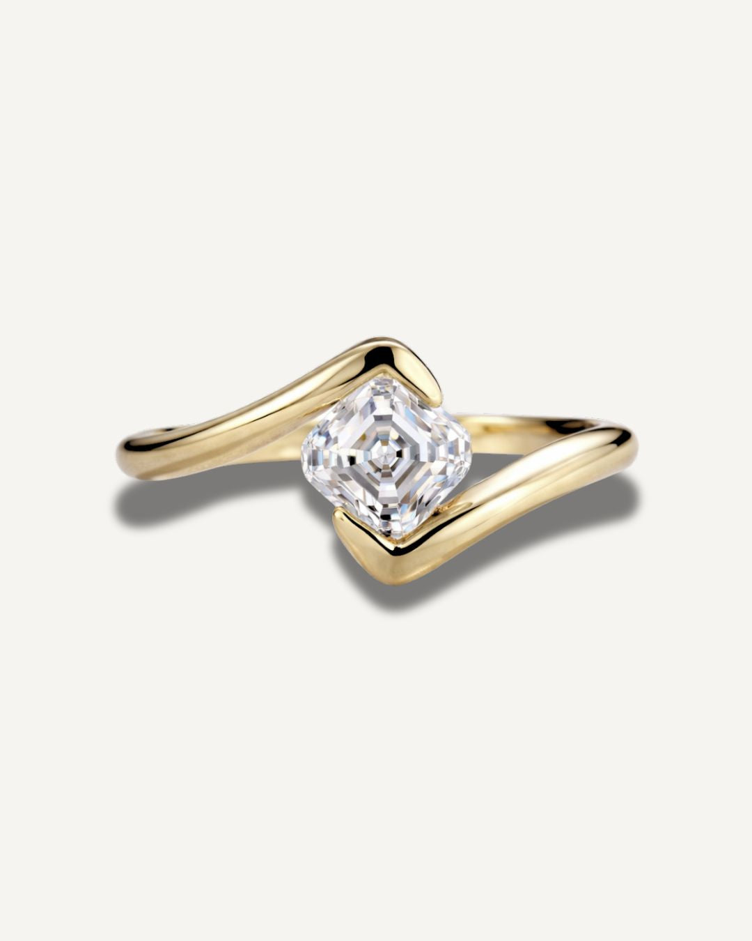 Gold wave band pinky ring featuring an asscher cut moissanite stone in a clean front-facing product view