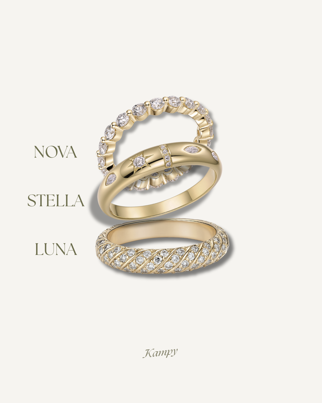 Gold moissanite ring stack set with each ring labeled Stella Luna and Nova, Kampy Designs