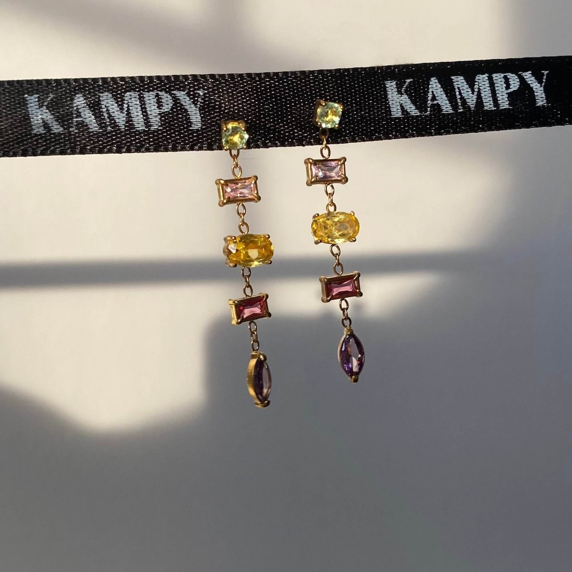 Front view of the KleoE CZ gemstone dangle earrings by Kampy Designs, showcasing their sophisticated design and radiant gemstones.