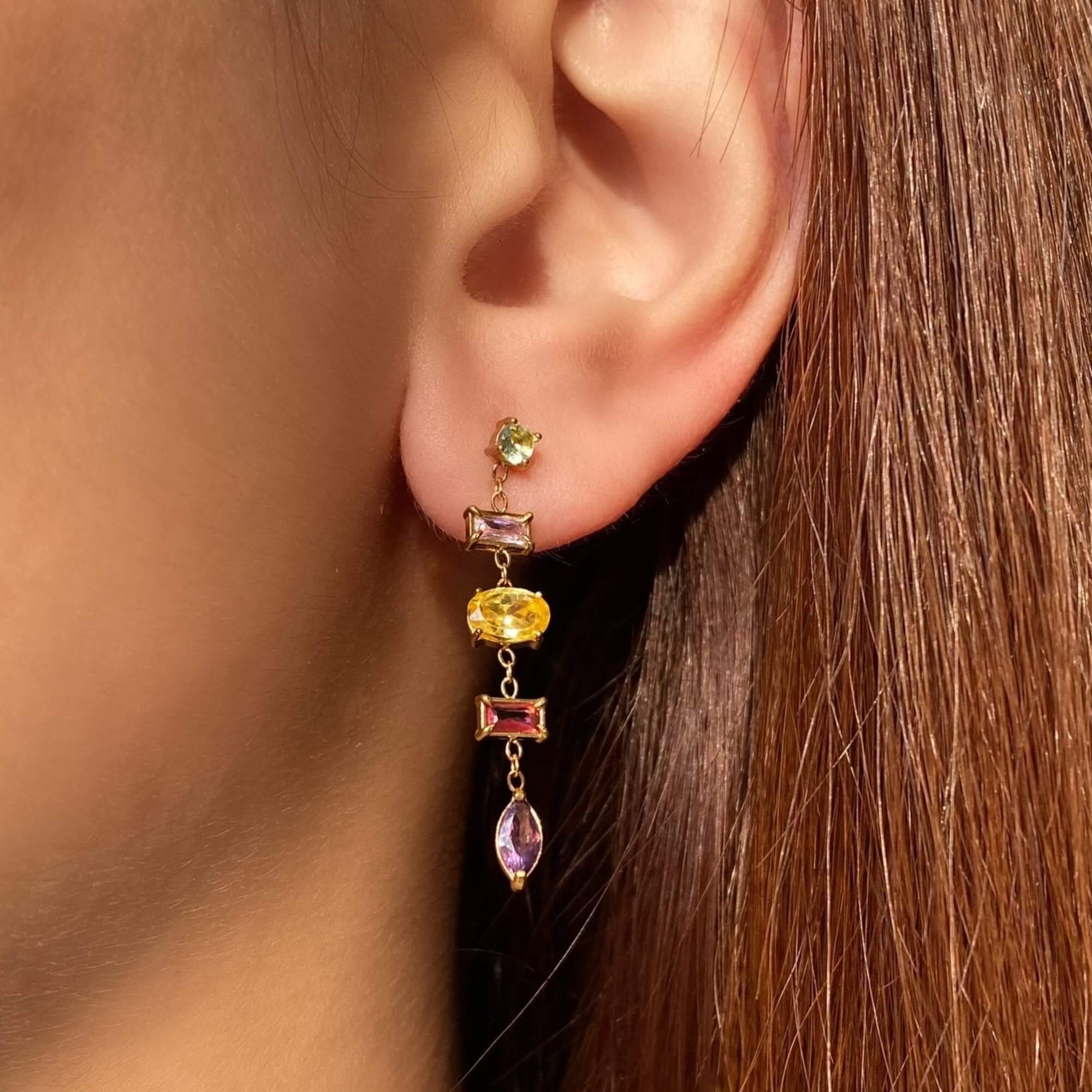 Alternative worn view of the KleoE CZ gemstone dangle earrings by Kampy Designs, styled to highlight their elegance and timeless appeal.