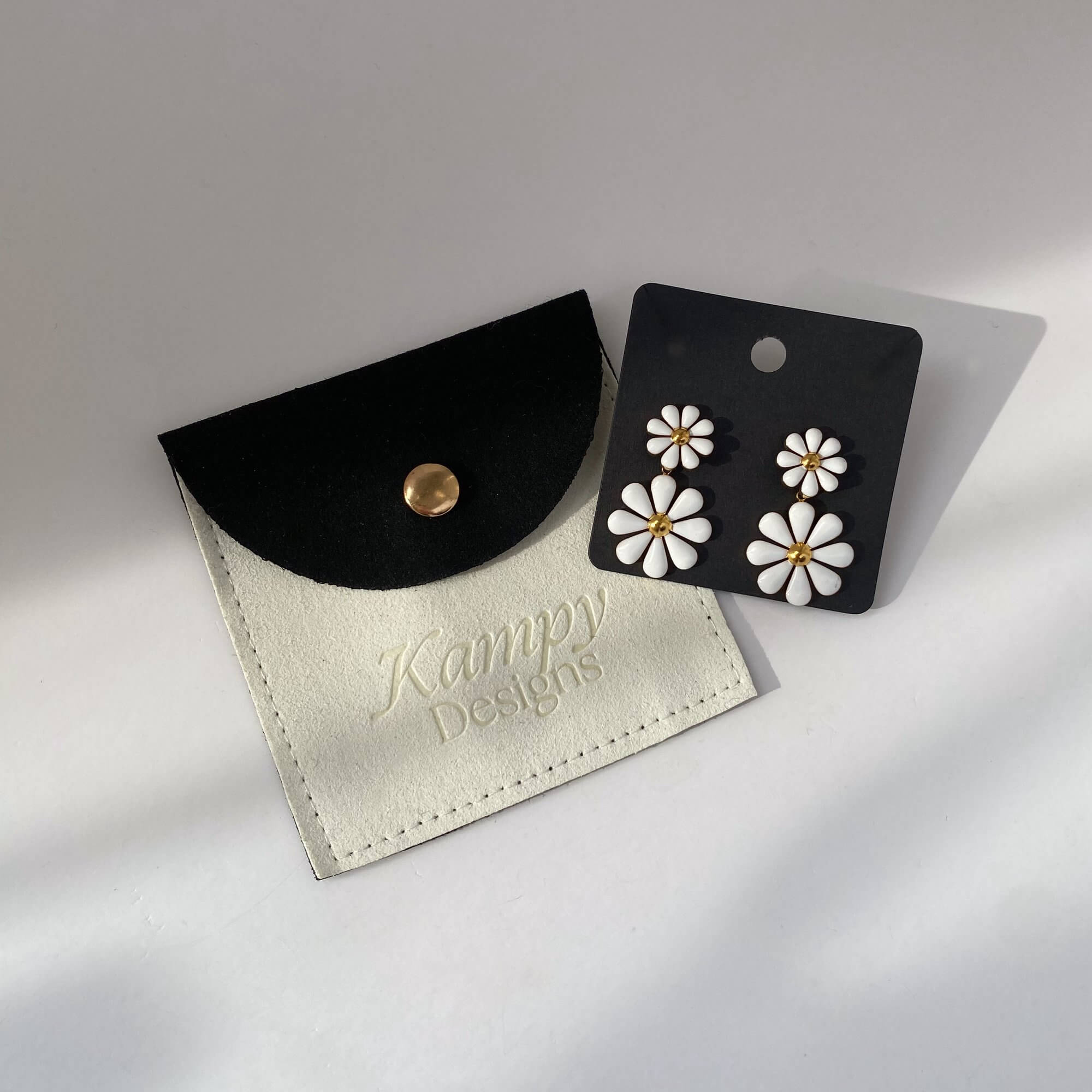 KendyR daisy drop earrings by Kampy Designs, elegantly packaged for gifting with branded jewelry presentation.
