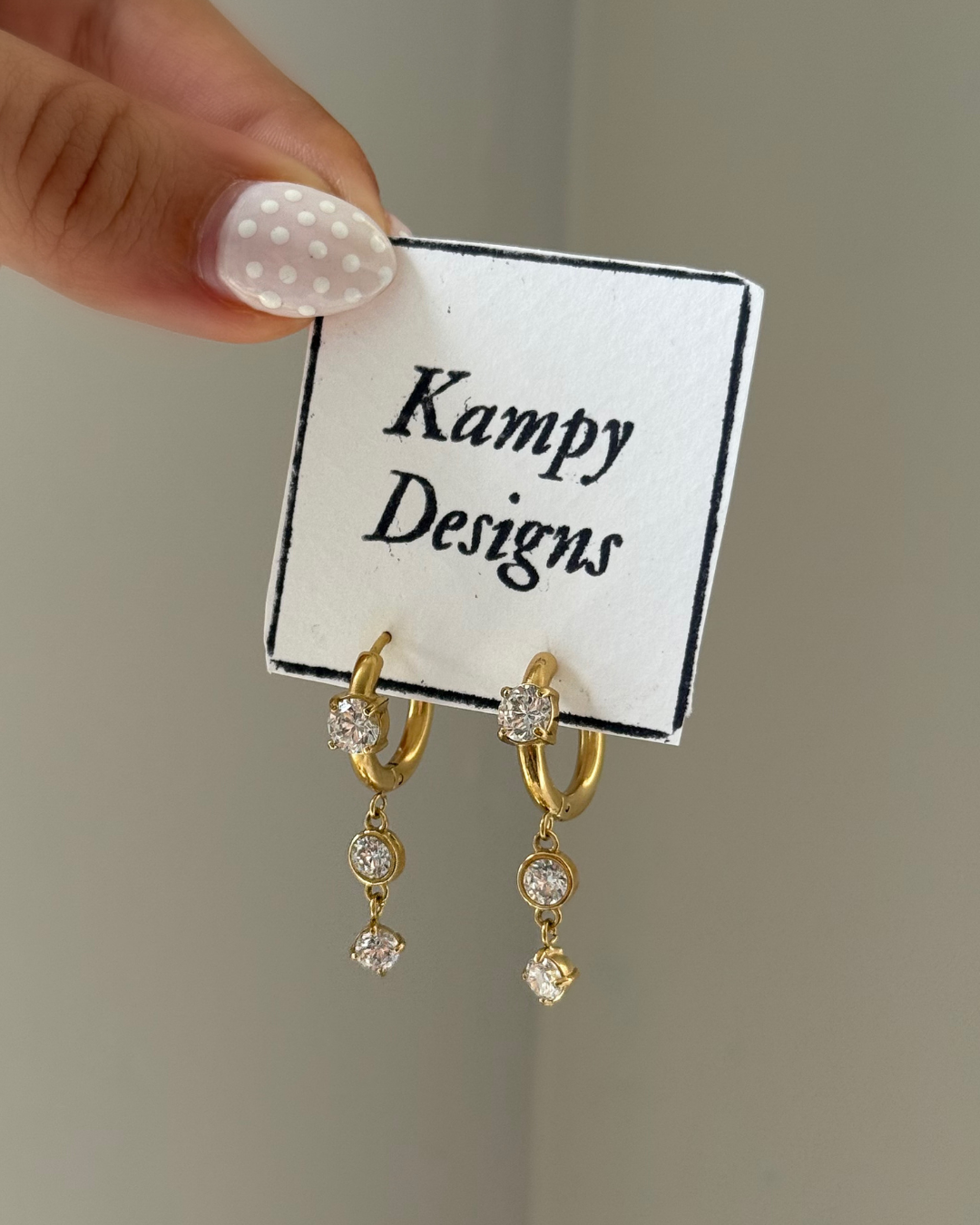 Gold Triple CZ Dangle Hoop Earrings – Elegant Drop Studs