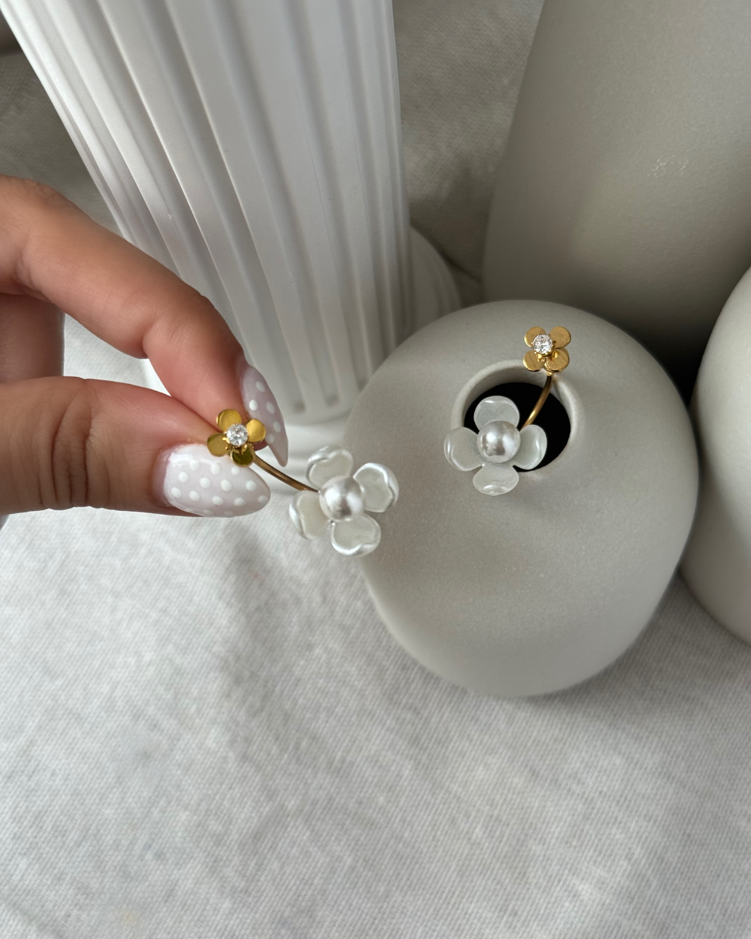 Petal Pearl Drop Earrings – Gold & White Flower Statement Pair