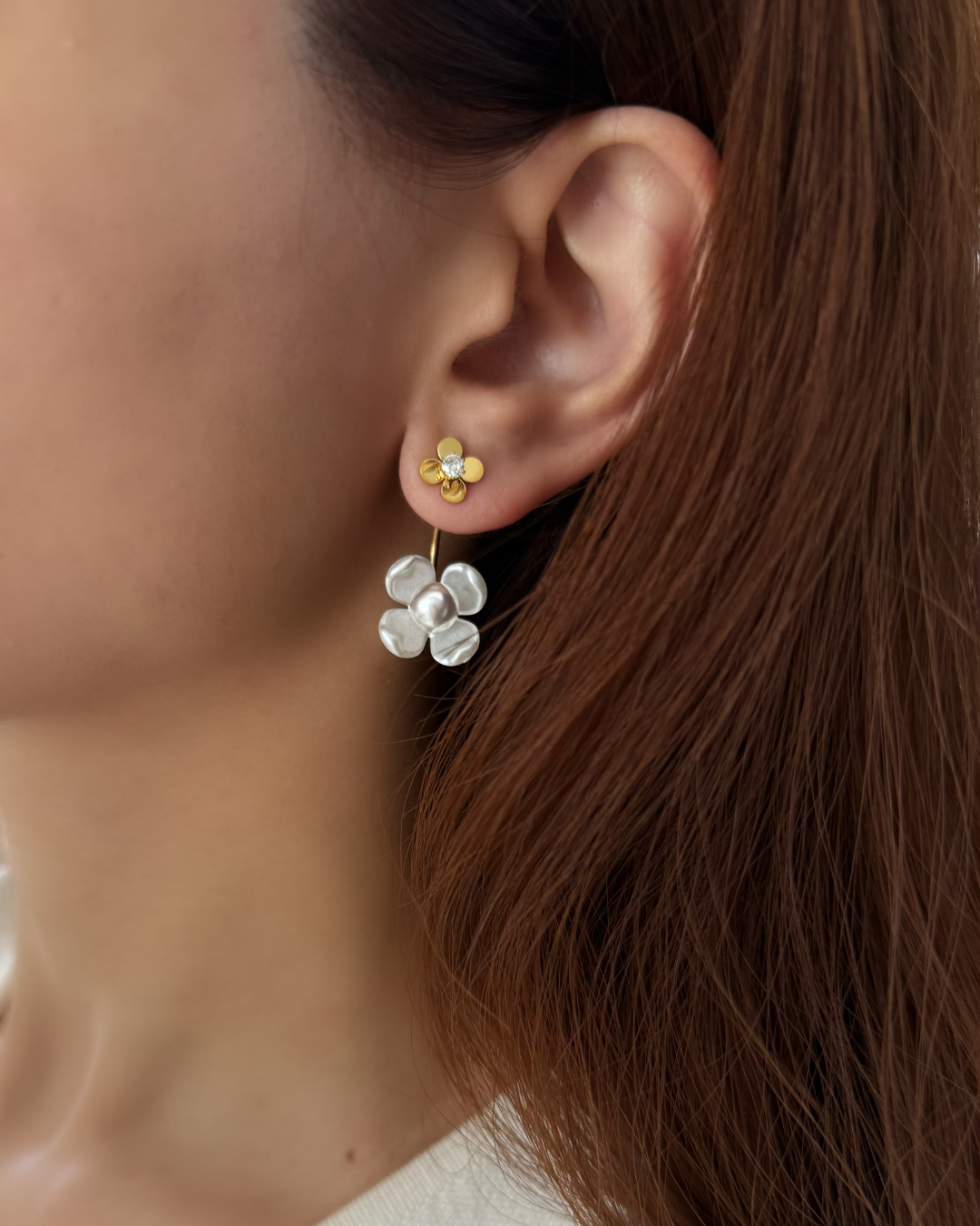 Petal Pearl Drop Earrings – Gold & White Flower Statement Pair