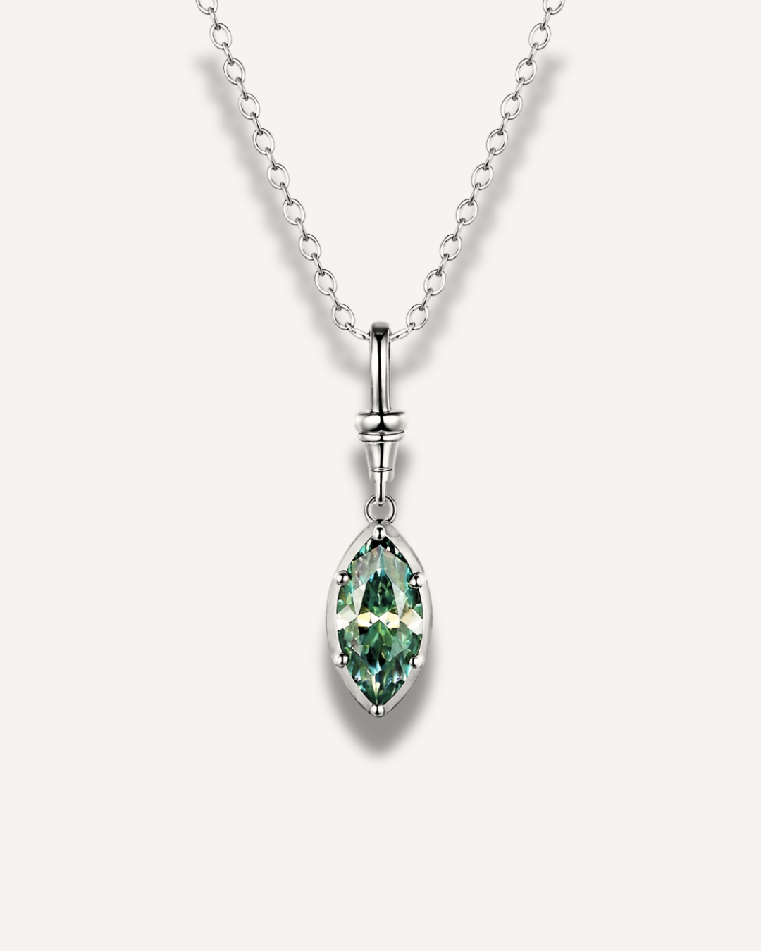 Green marquise moissanite pendant necklace set in 925 sterling silver with silver chain by Kampy.