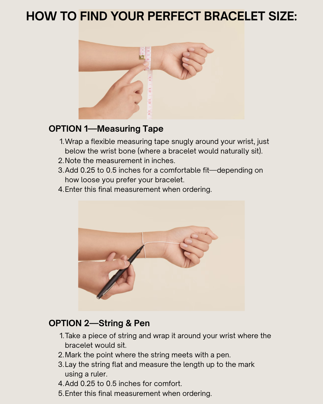 Instructions on how to measure bracelet size using a measuring tape and string with pen.