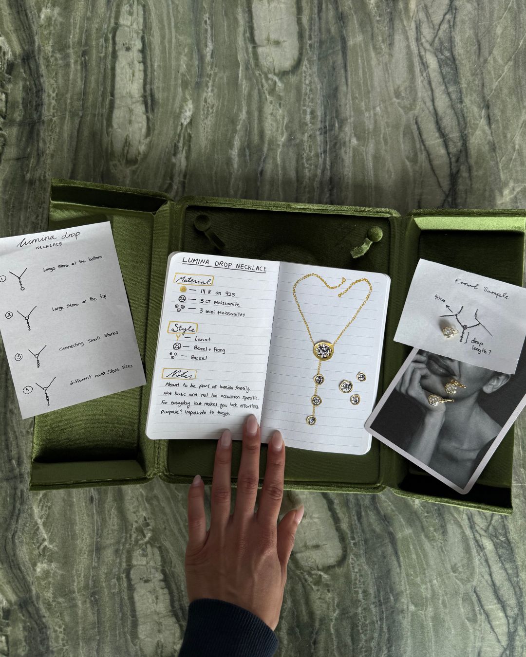 Behind-the-scenes Lumina Drop Necklace design process with sketches, 3 ct moissanite specifications and the final lariat sample.