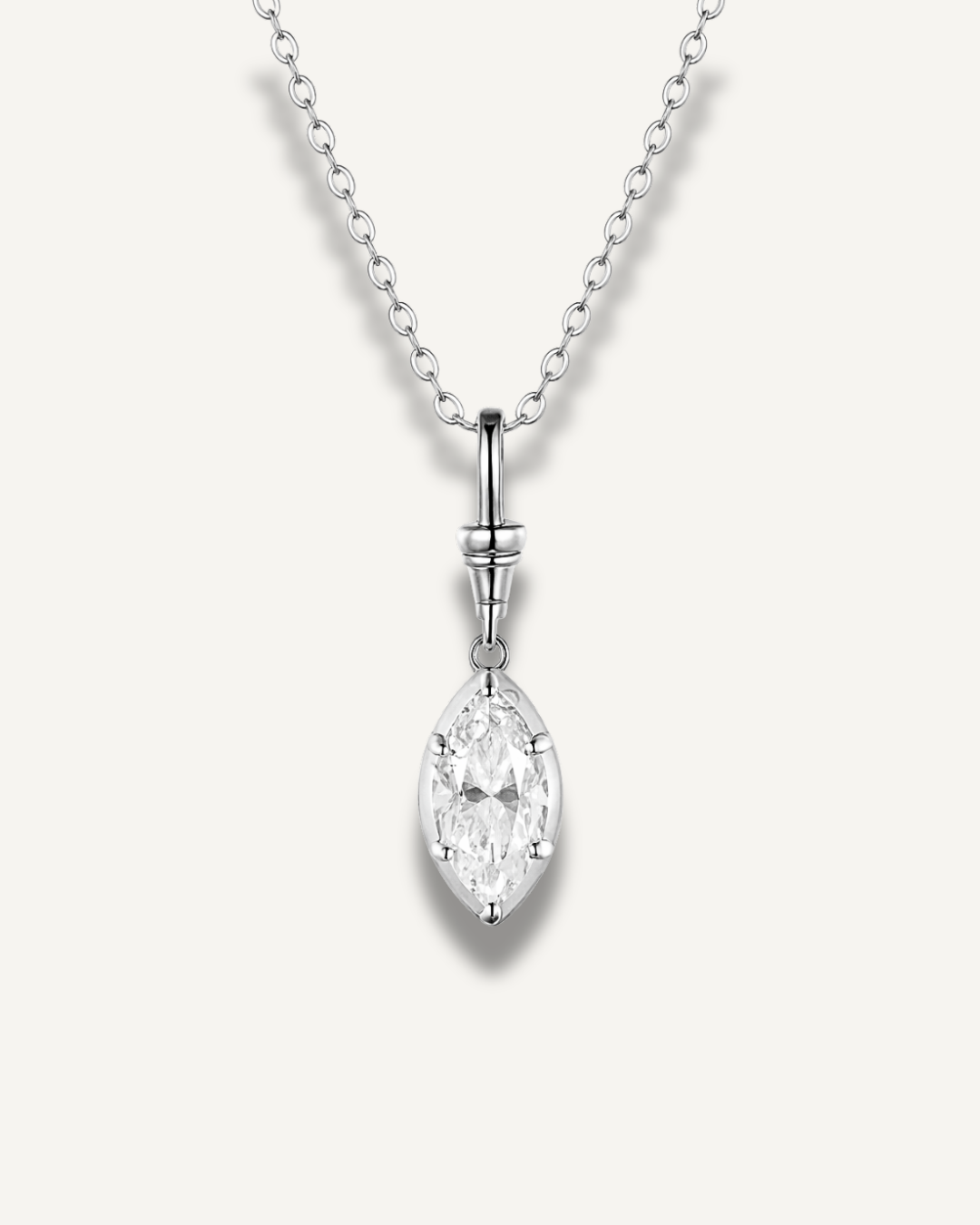 Marquise-cut white moissanite pendant necklace set in white gold plated 925 sterling silver with elongated silhouette by Kampy